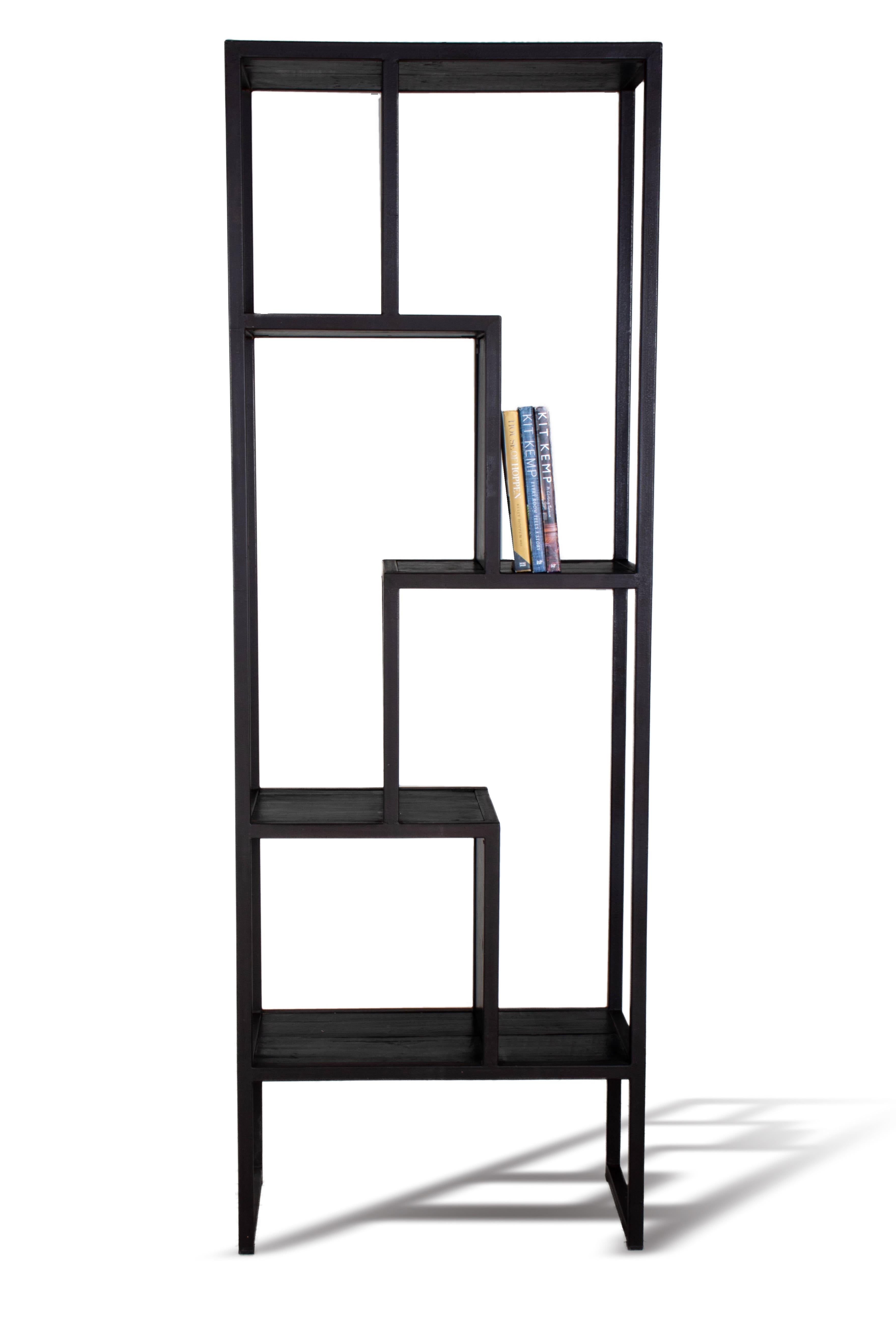 The wood and steel offset bookshelf is a shelving system that's perfect for any room in your home. It has a clean, mid-century look with a modern and contemporary edge. The shelves are made from quality wood with black steel legs and framework.