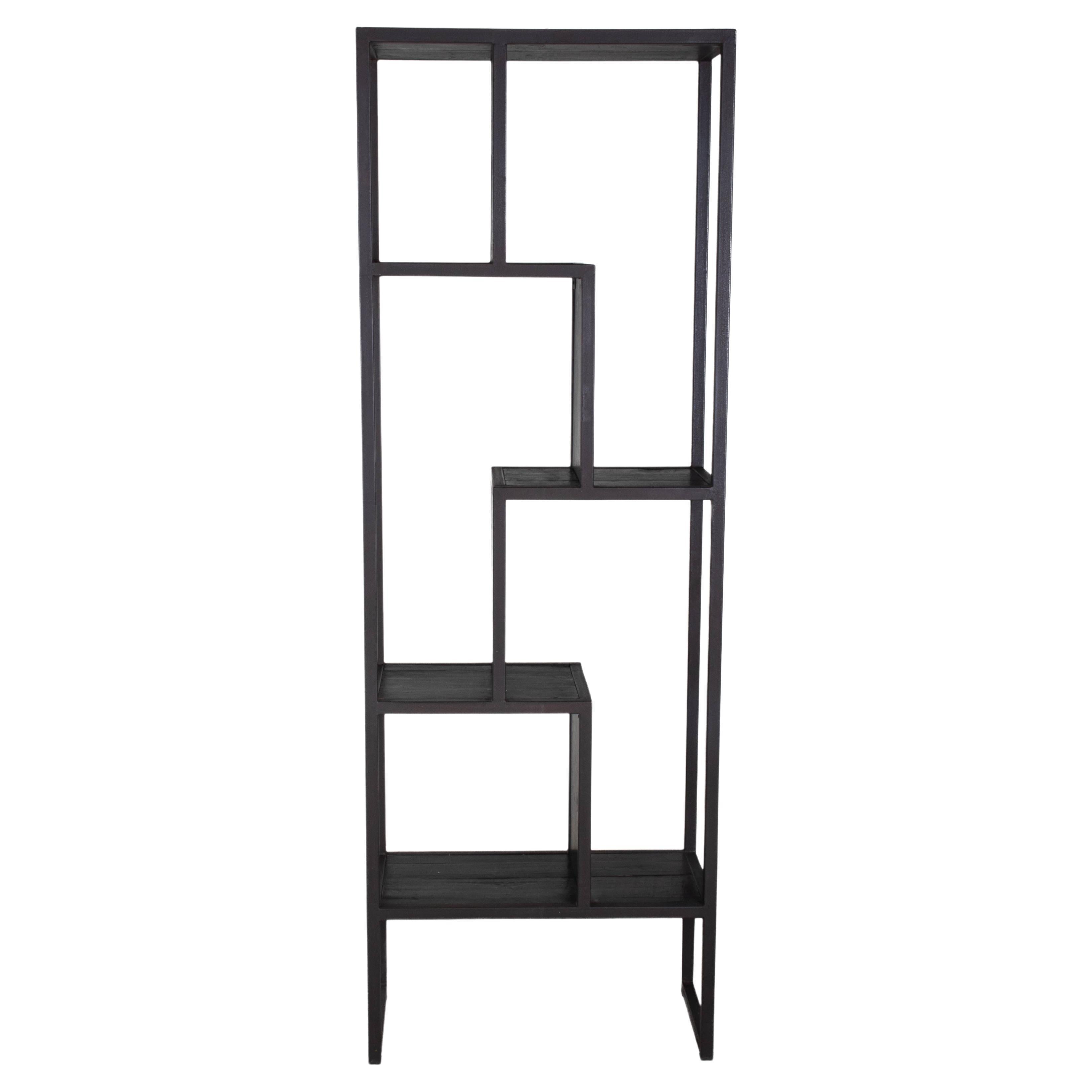 Wood and Steel Offset Bookshelf For Sale