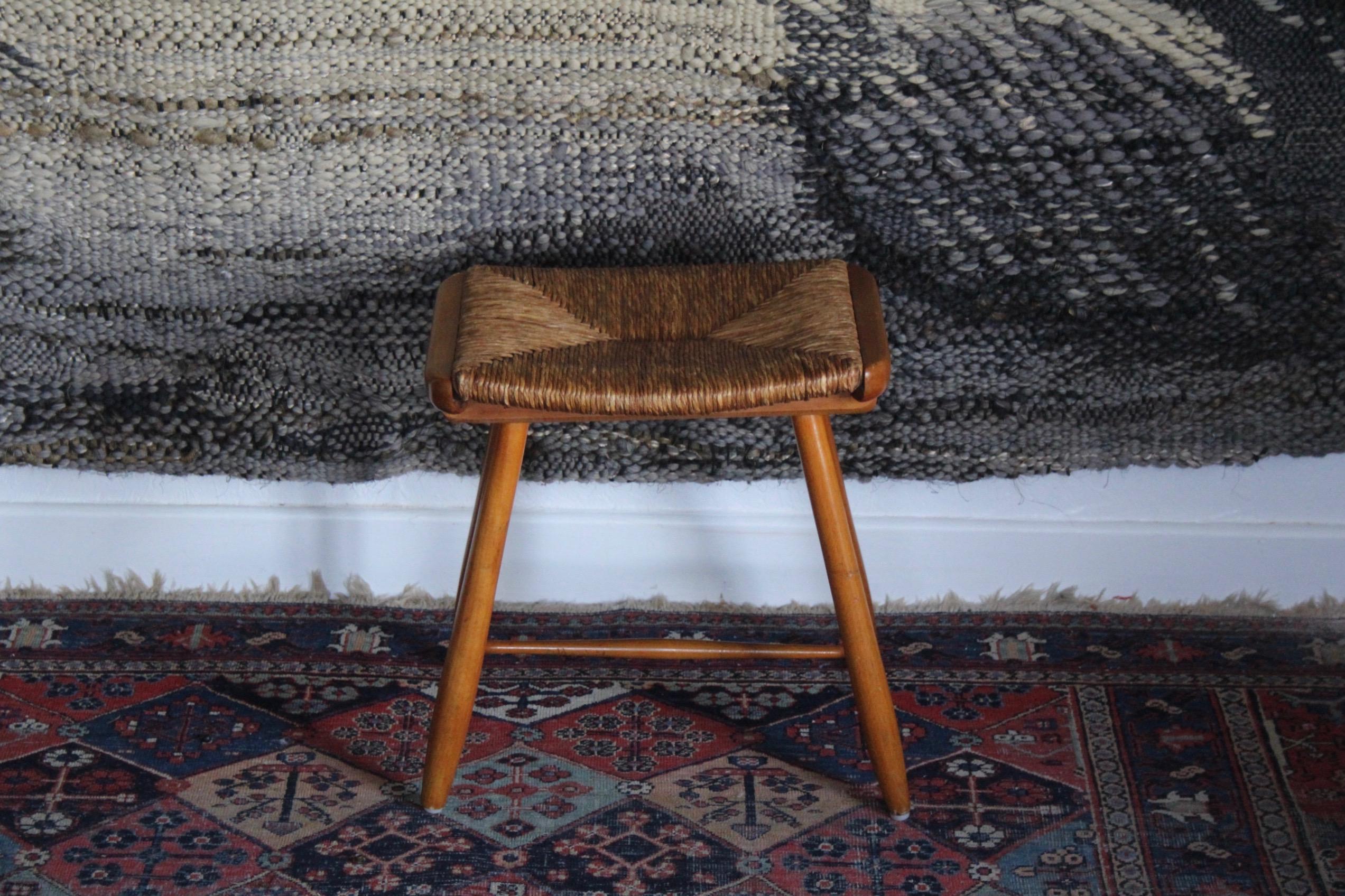 European Wood and straw stool For Sale