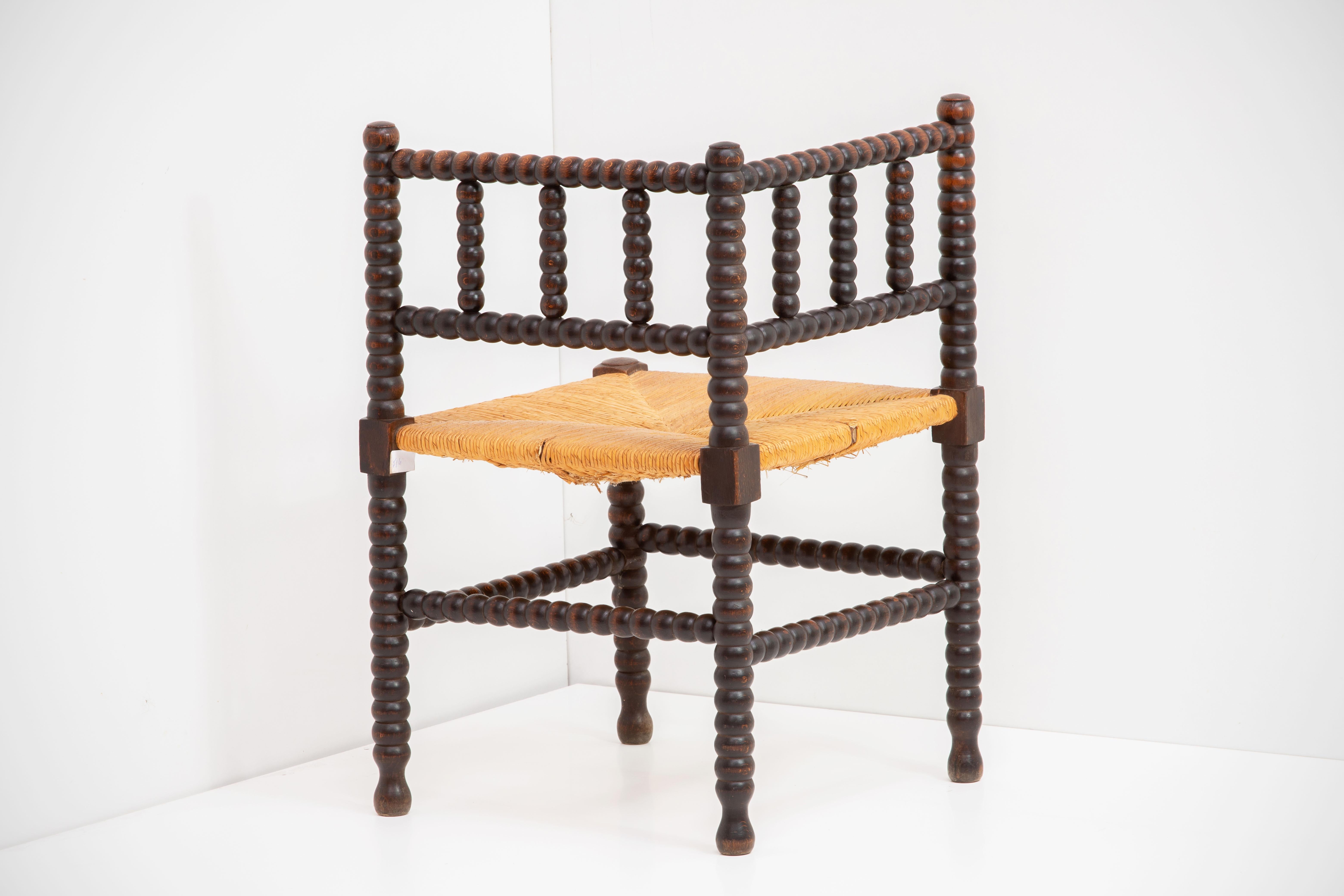 French Wood and Straw Stool, France 1970, in the Style of Charles Dudouyt For Sale