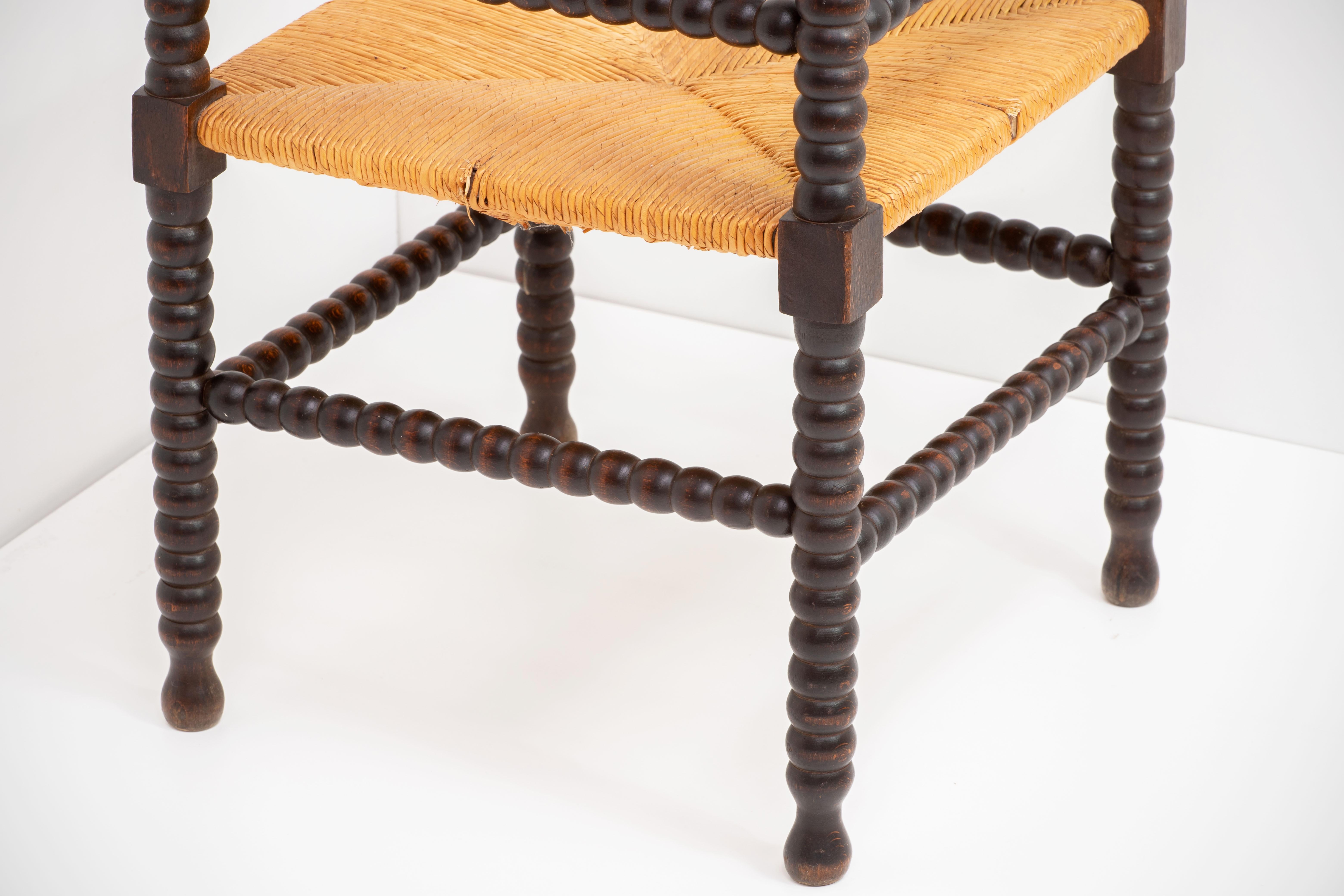 Hand-Carved Wood and Straw Stool, France 1970, in the Style of Charles Dudouyt For Sale