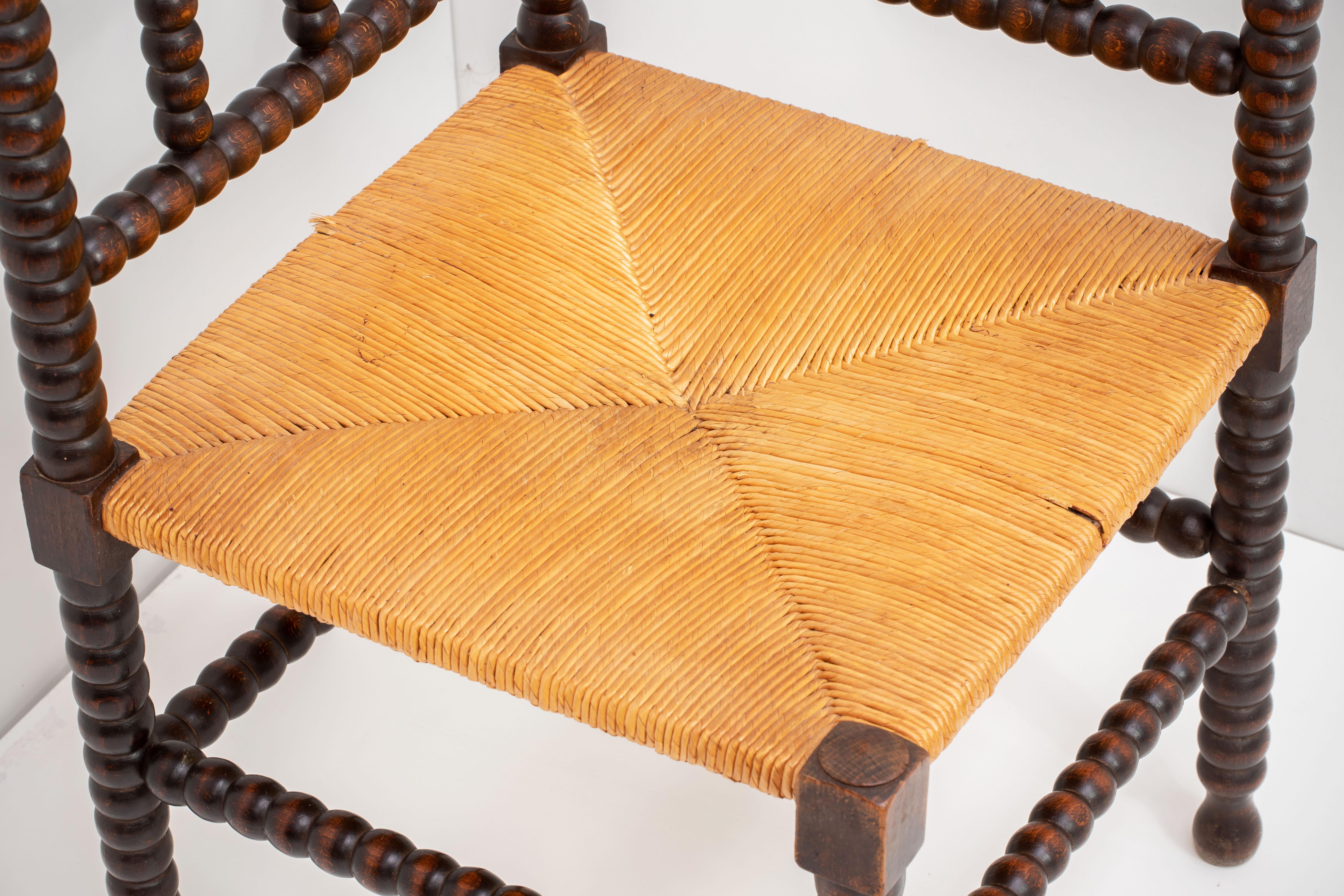 Mid-20th Century Wood and Straw Stool, France 1970, in the Style of Charles Dudouyt For Sale