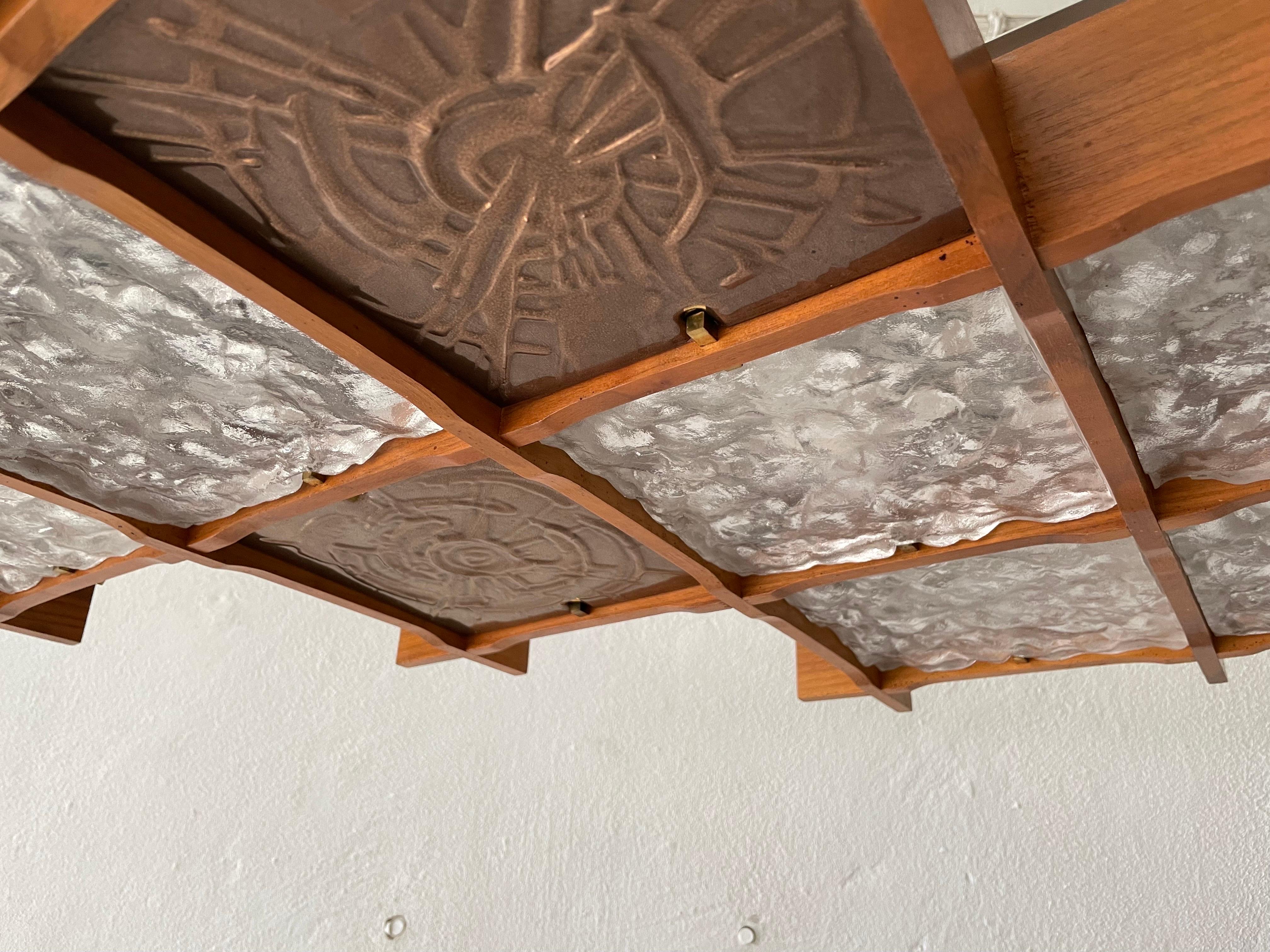 Wood and Textured Glass Heavy Ceiling Lamp, 1960s, Germany 12