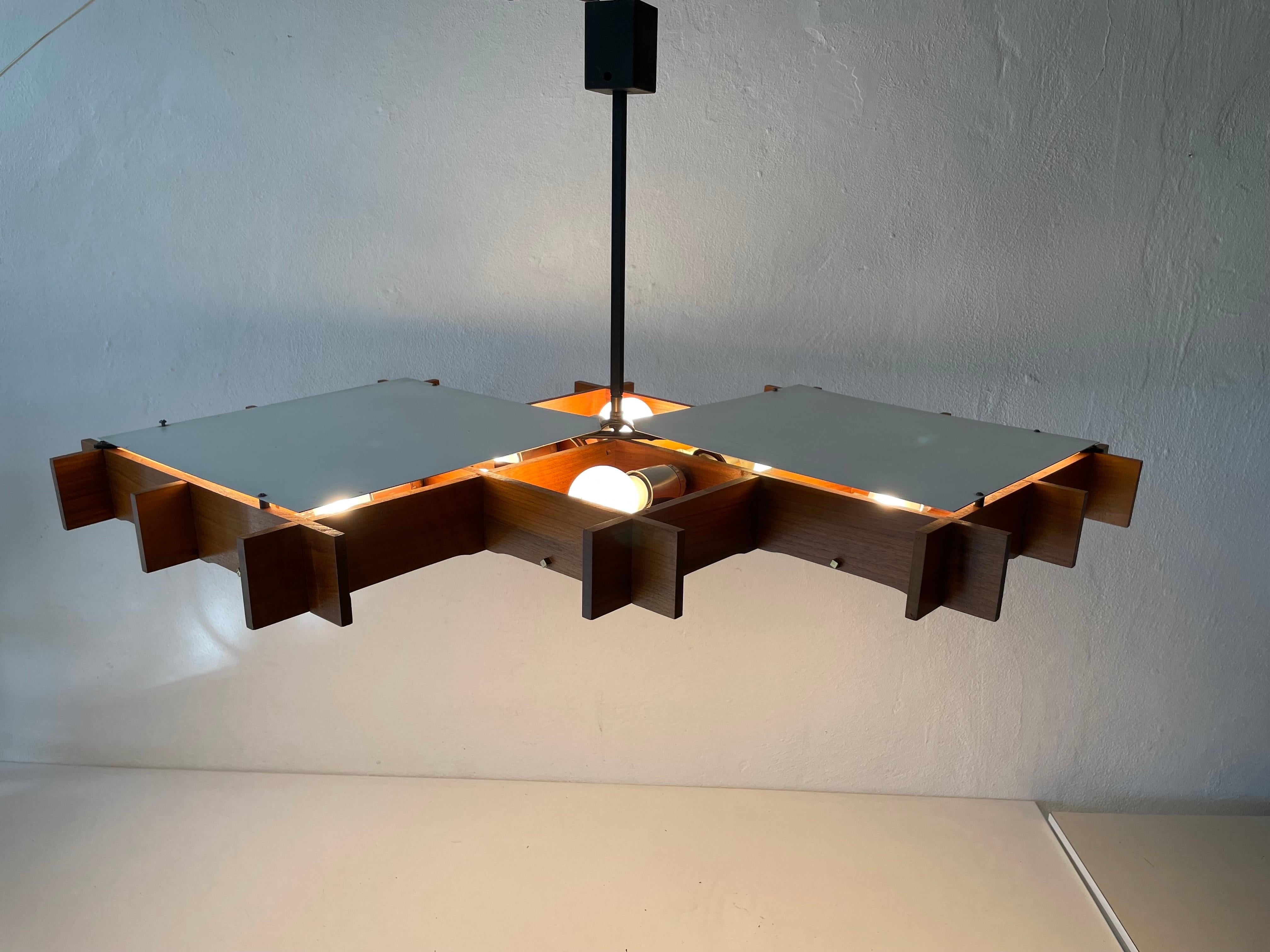 Mid-20th Century Wood and Textured Glass Heavy Ceiling Lamp, 1960s, Germany