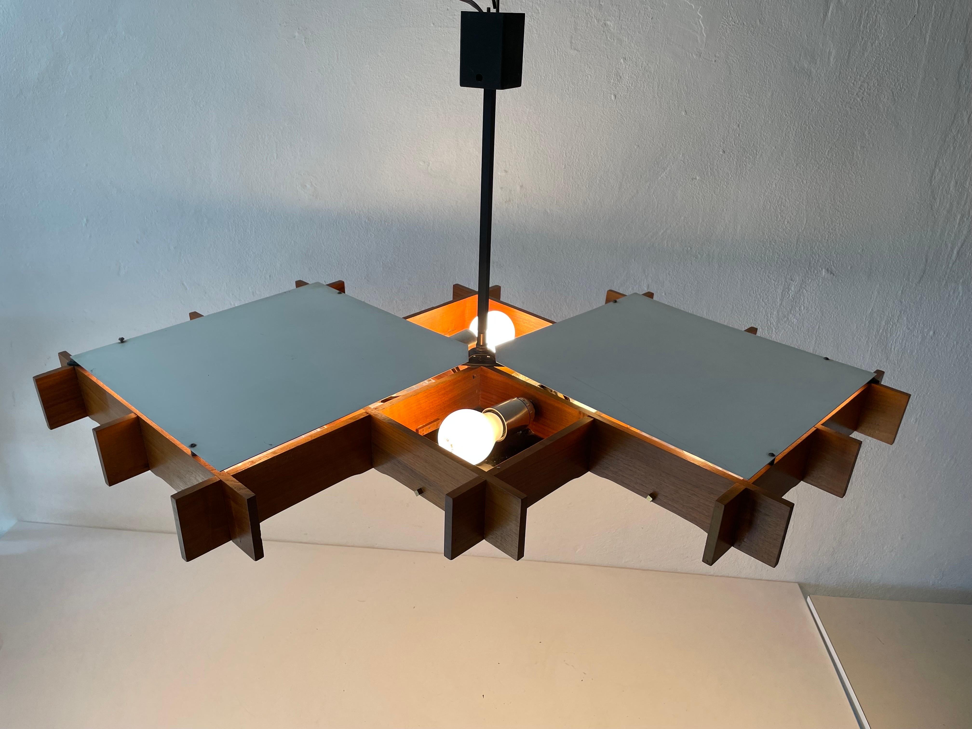 Metal Wood and Textured Glass Heavy Ceiling Lamp, 1960s, Germany