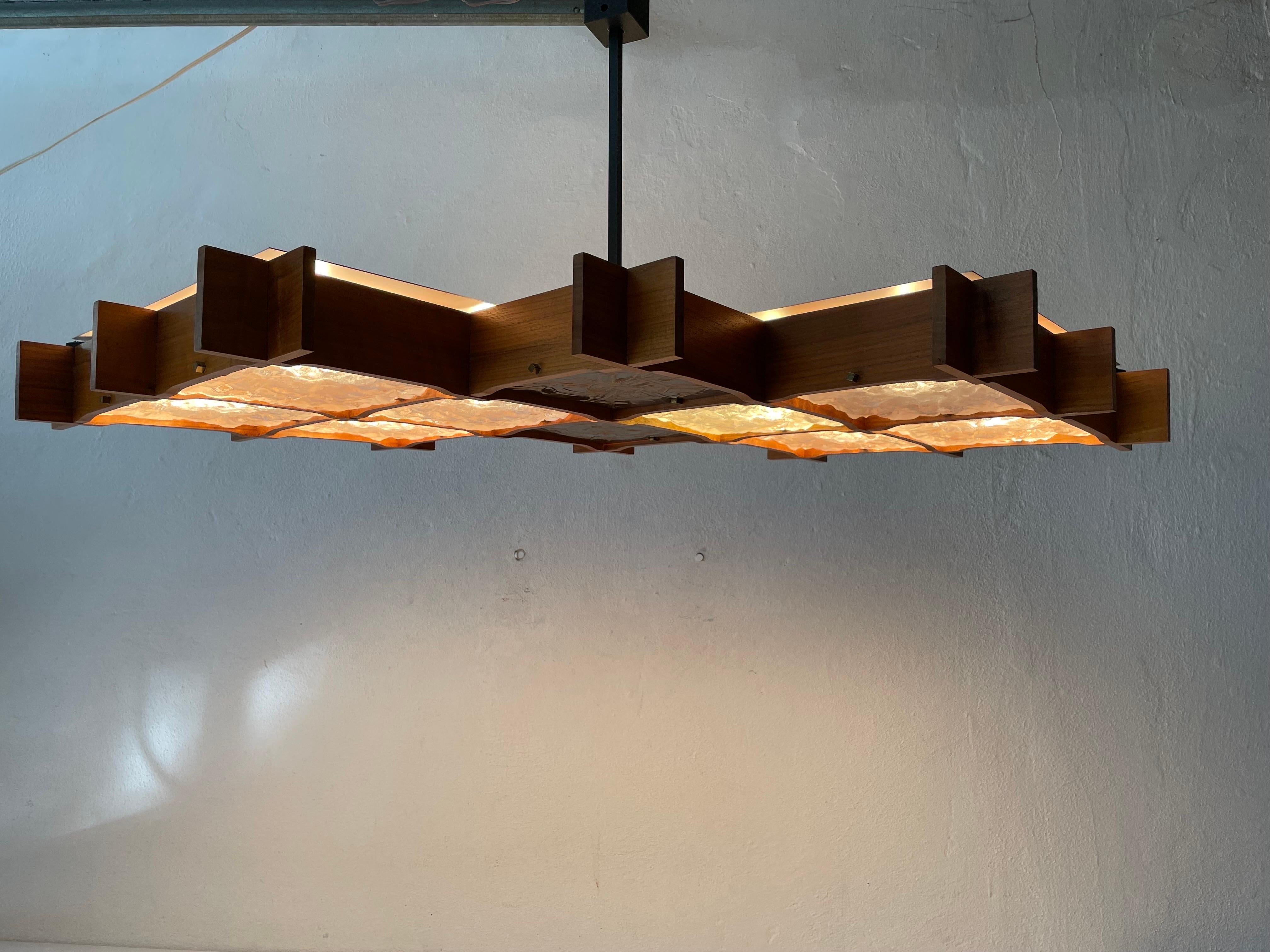 Wood and Textured Glass Heavy Ceiling Lamp, 1960s, Germany 1