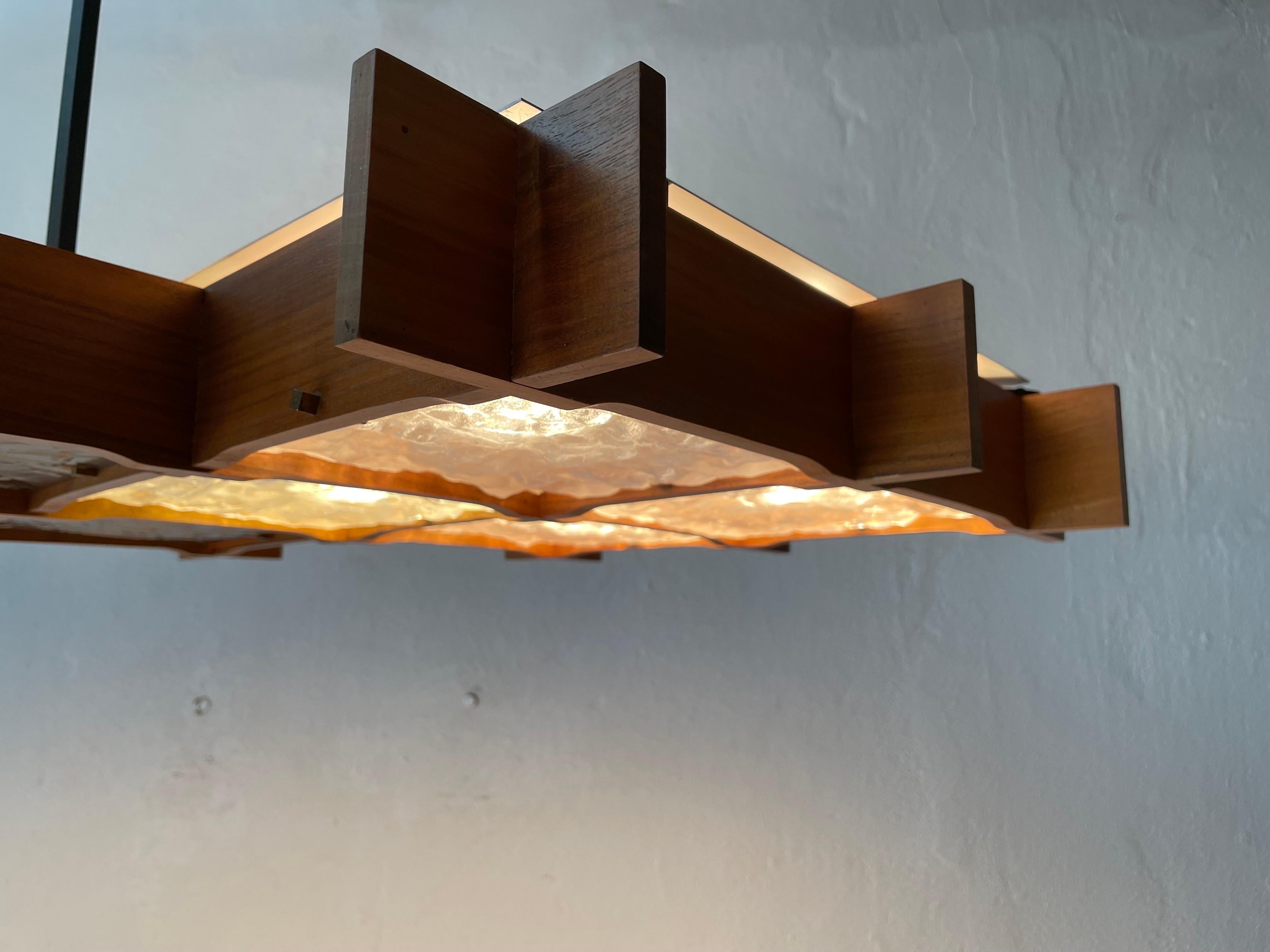 Wood and Textured Glass Heavy Ceiling Lamp, 1960s, Germany 2
