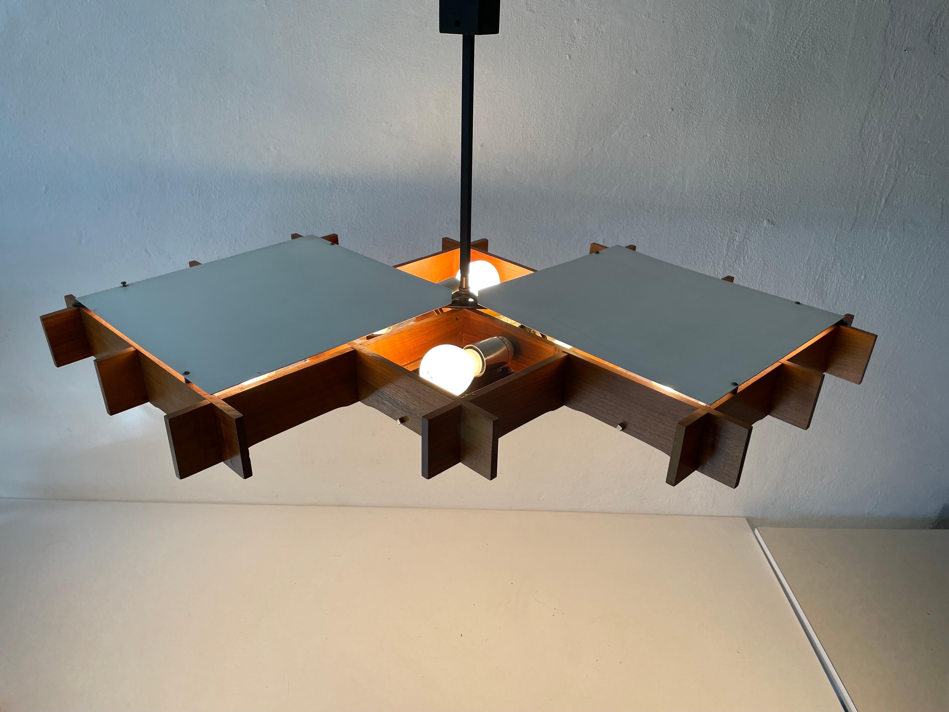 Wood and Textured Glass Heavy Ceiling Lamp, 1960s, Germany 3