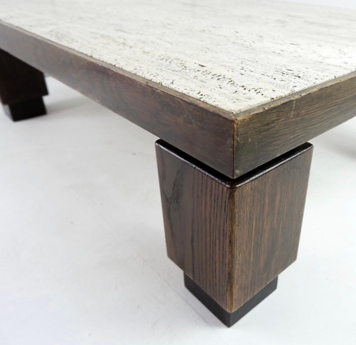 Wood and travertin top large coffee table For Sale 3