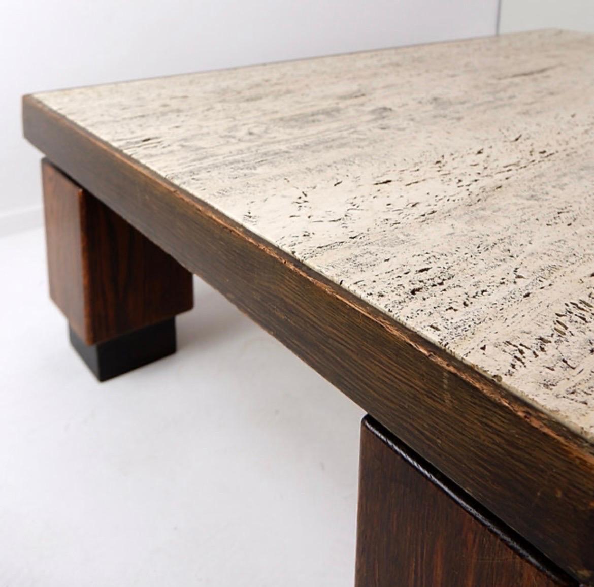 Brutalist Wood and travertin top large coffee table For Sale