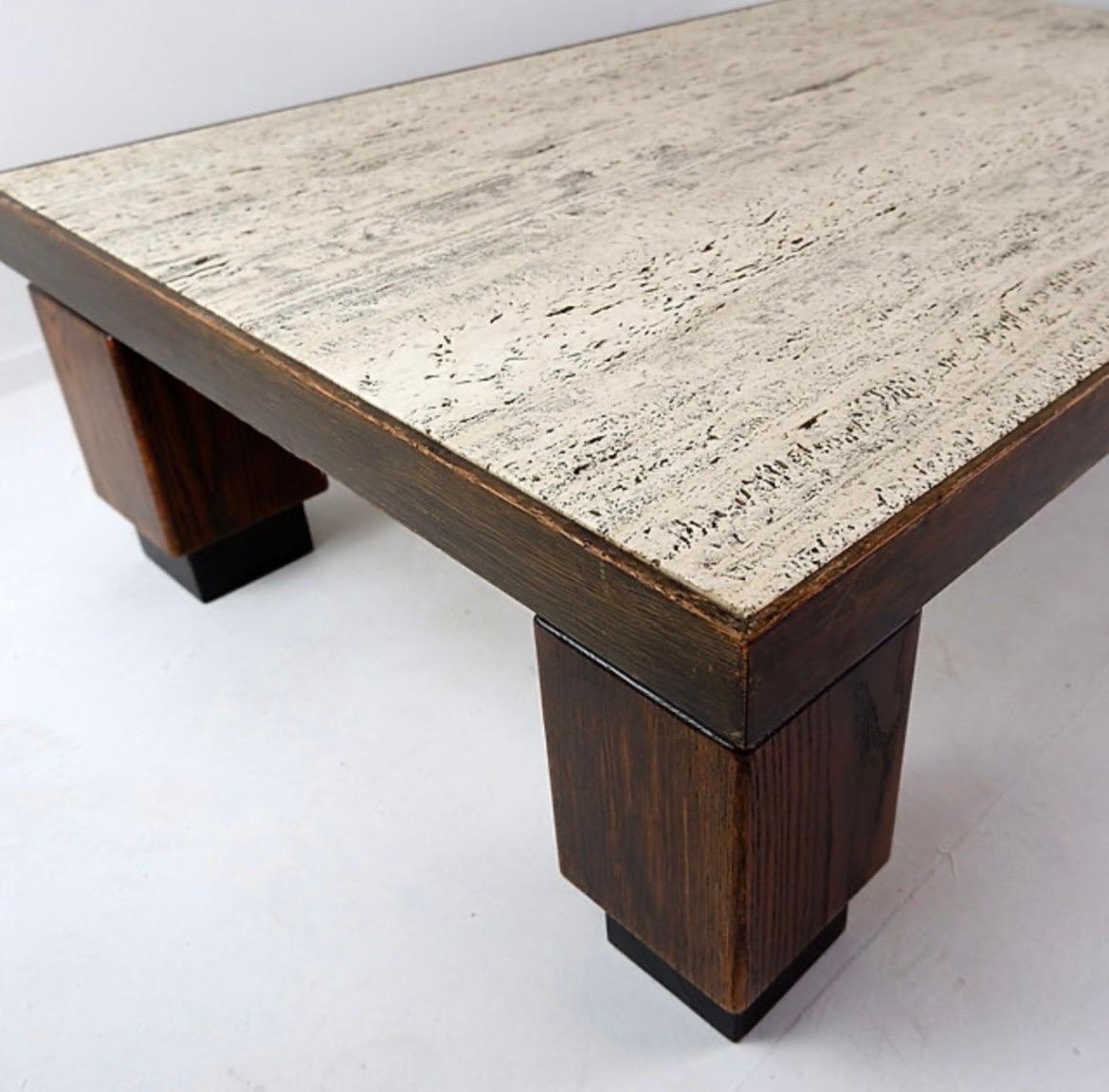 Wood and travertin top large coffee table For Sale 1