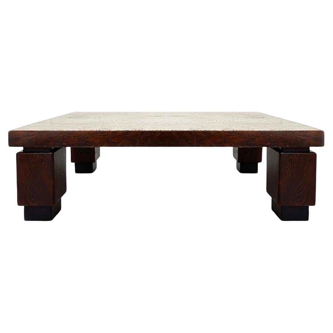 Mesa de centro grande de madera y tablero de travertino
