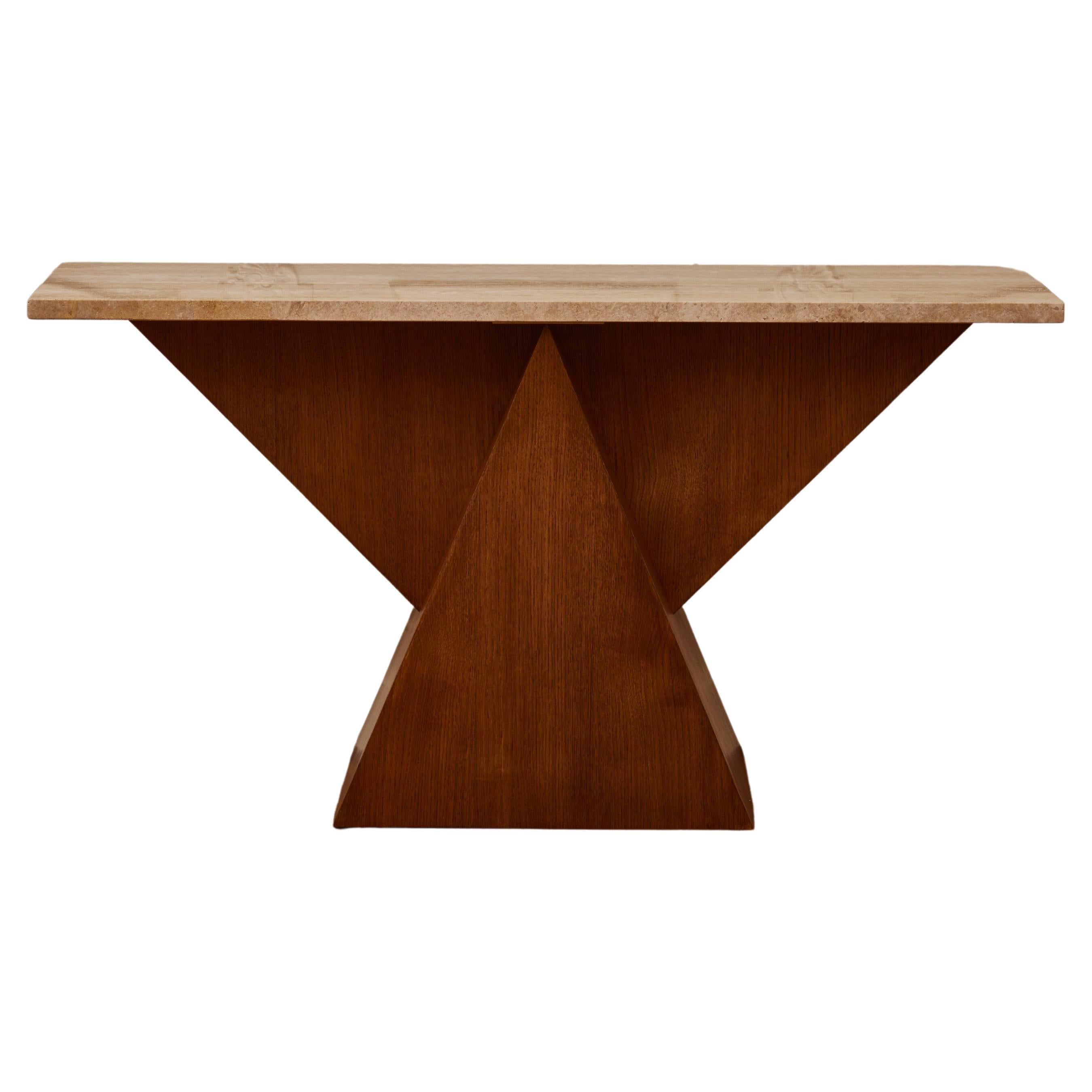 Wood and travertine stone table by Studio Glustin For Sale