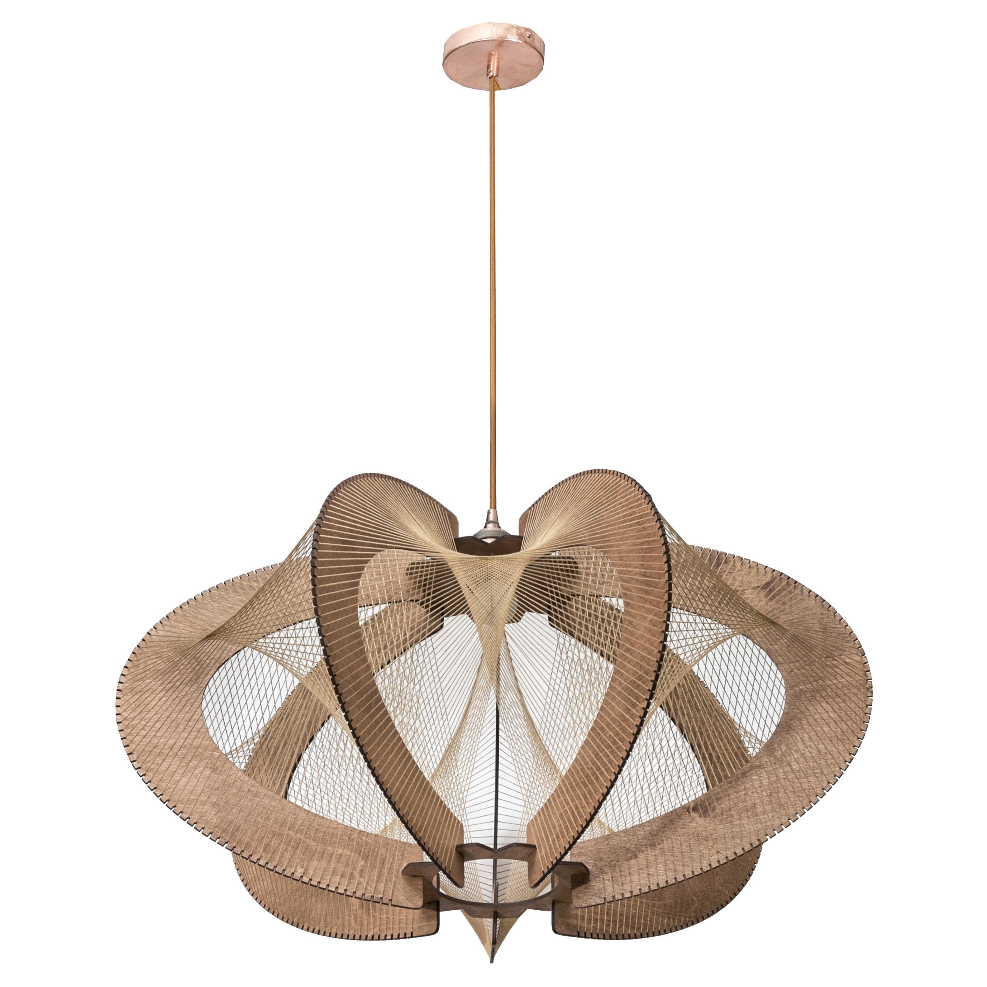 Elliptical modern suspensions in dark thin layers of wood circled by twine.

Several dimensions and shapes available. 

Dimensions given without the cord.