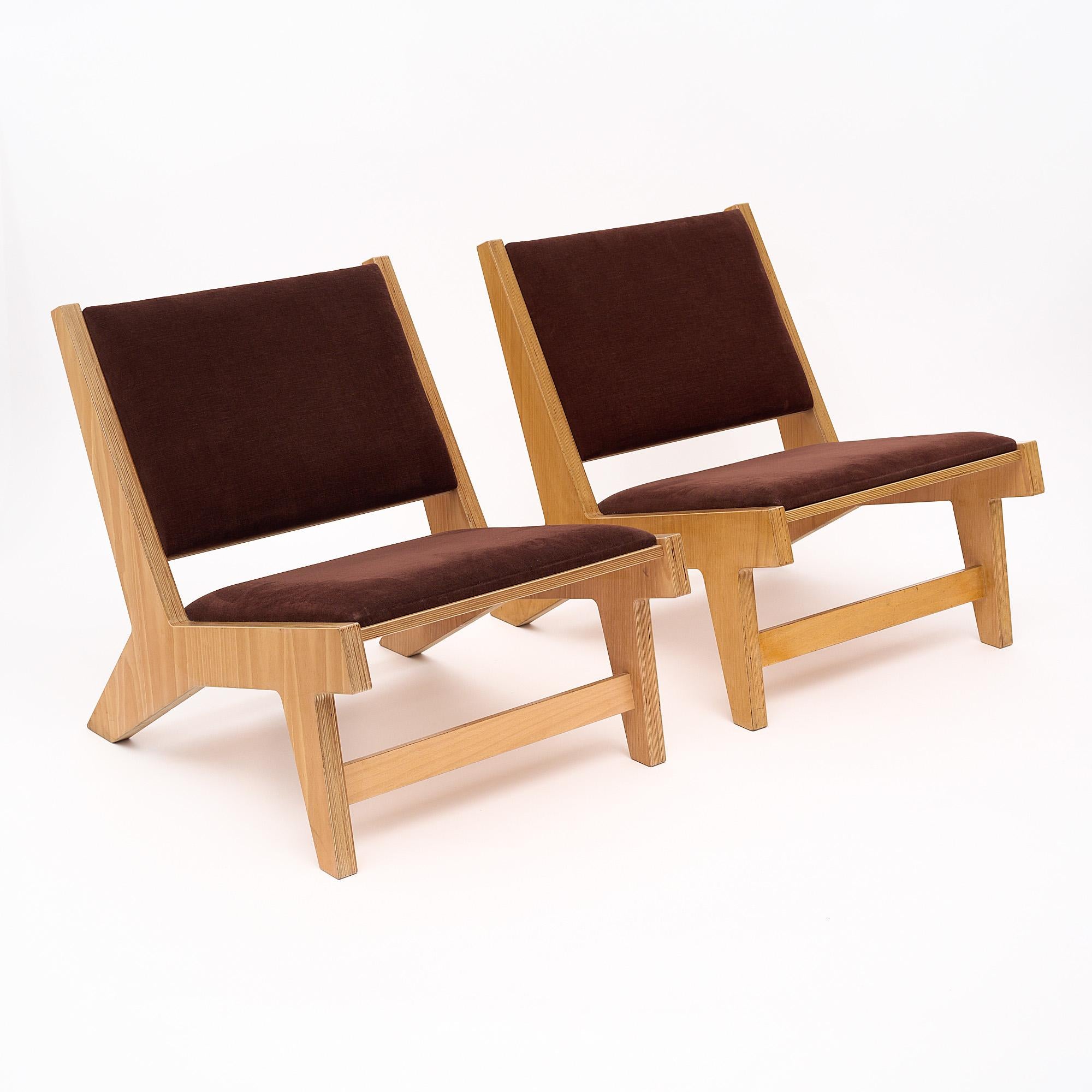 Pair of Armchairs, French, in the manner of Pierre Jeanneret, of cerused oak, upholstered in a brown velvet blend.