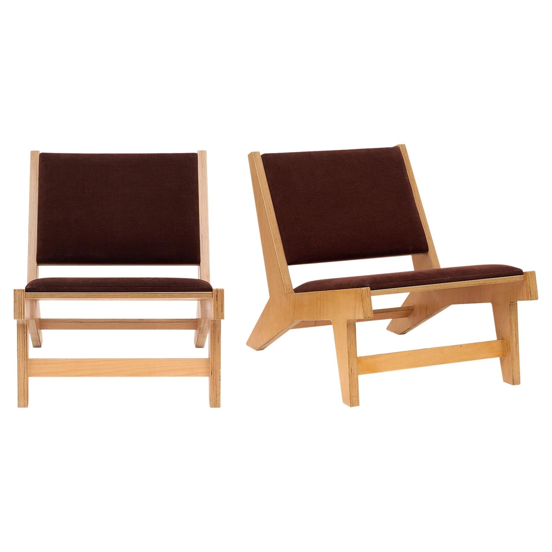 Wood and Velvet Modernist Armchairs For Sale