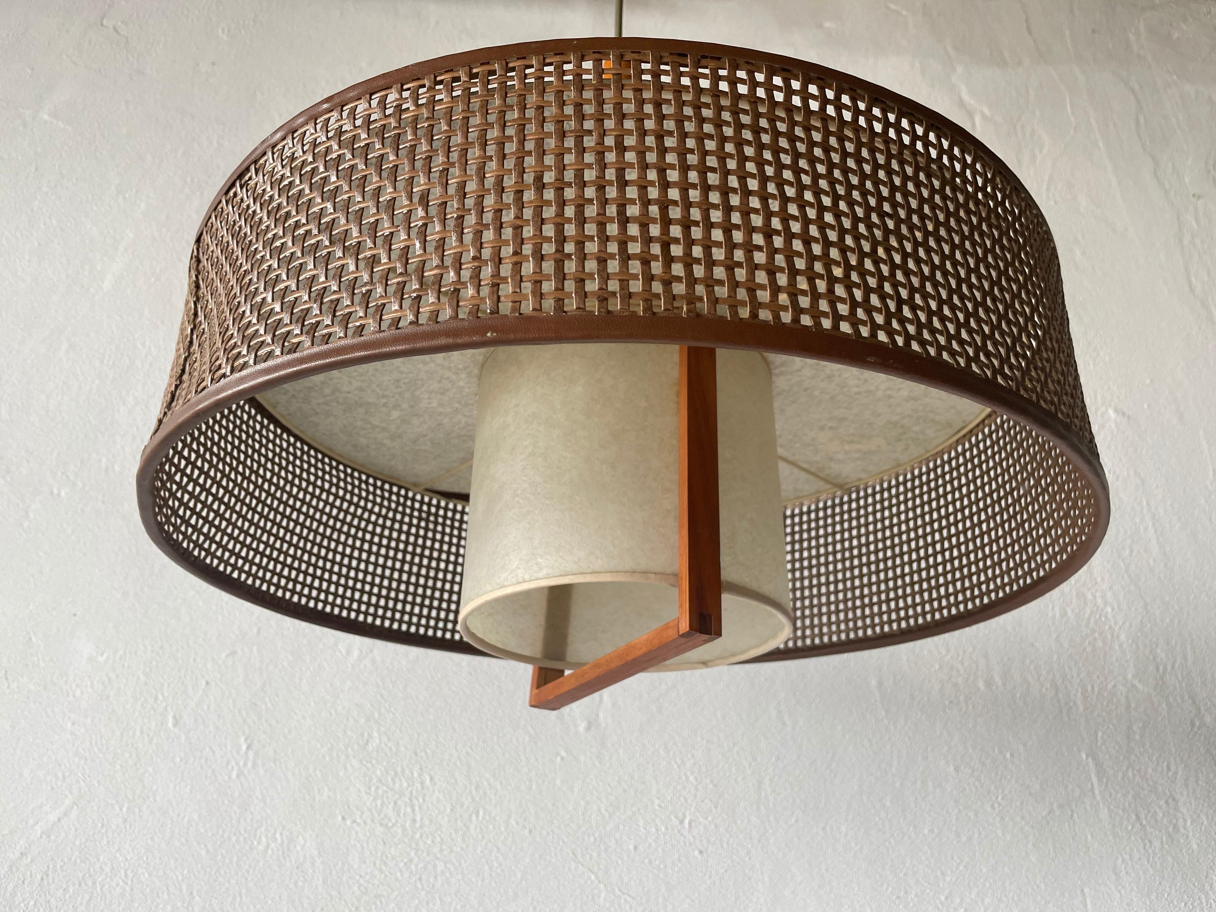 Mid-20th Century Wood and Wicker Pendant Lamp by Temde, 1960s Switzerland For Sale