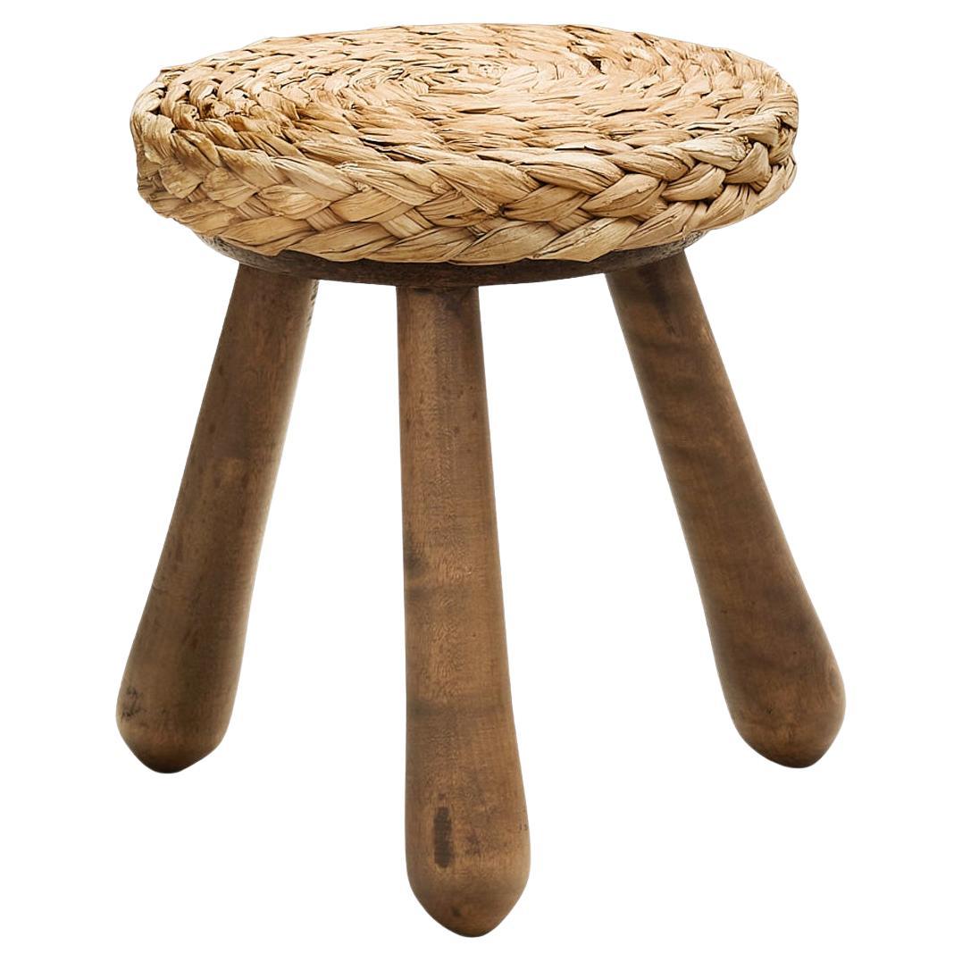 Wood and Wicker Stool in the manner of Audoux-Minet, Europe Mid-20th Century For Sale