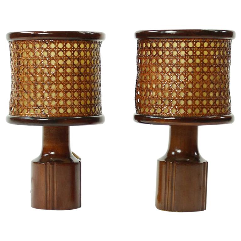 Wood and Wicker Table Lights, Czechoslovakia, circa 1950s For Sale