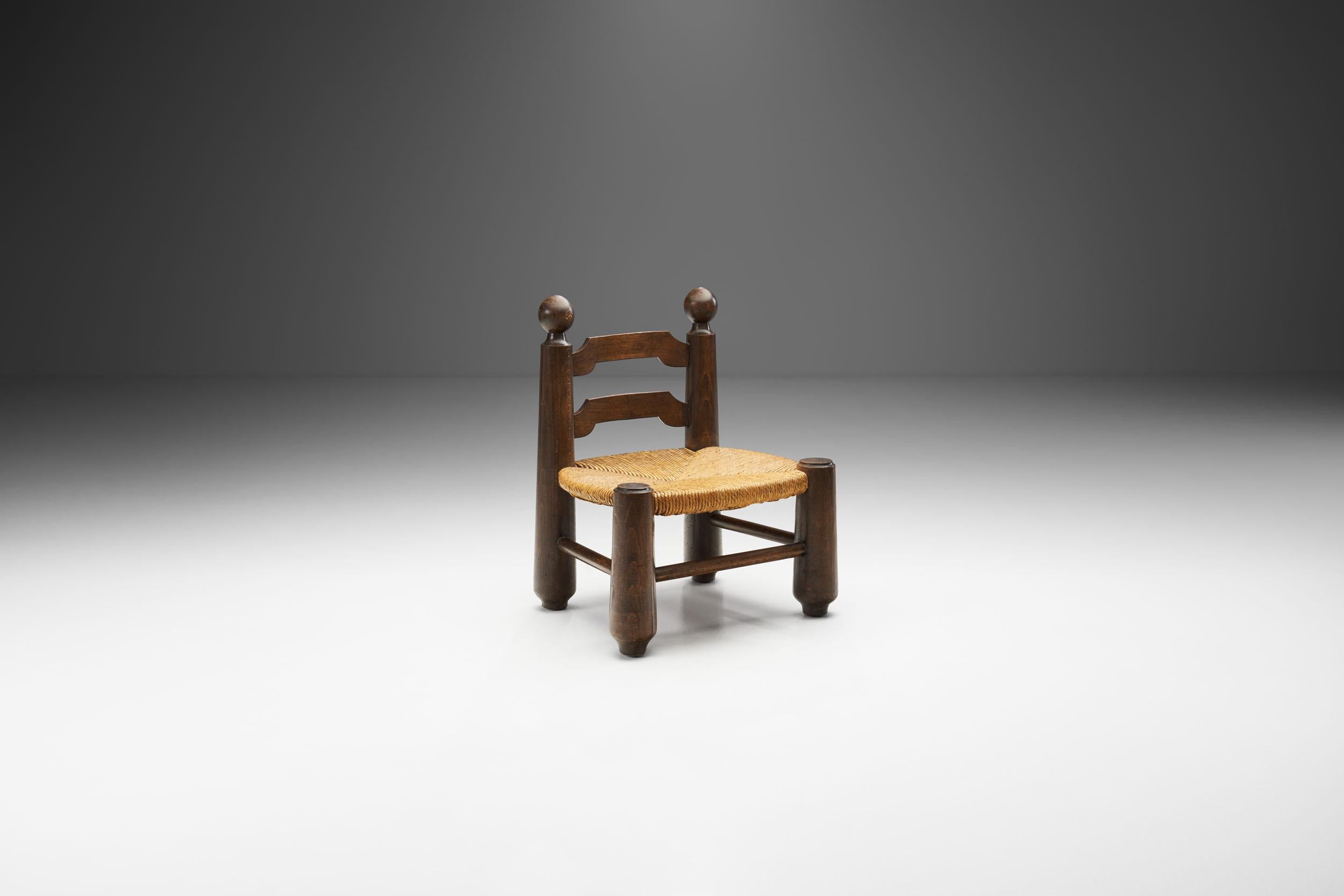 Wood and Wicker Turned Chairs with a Miniature by Charles Dudouyt, France 1940s 7