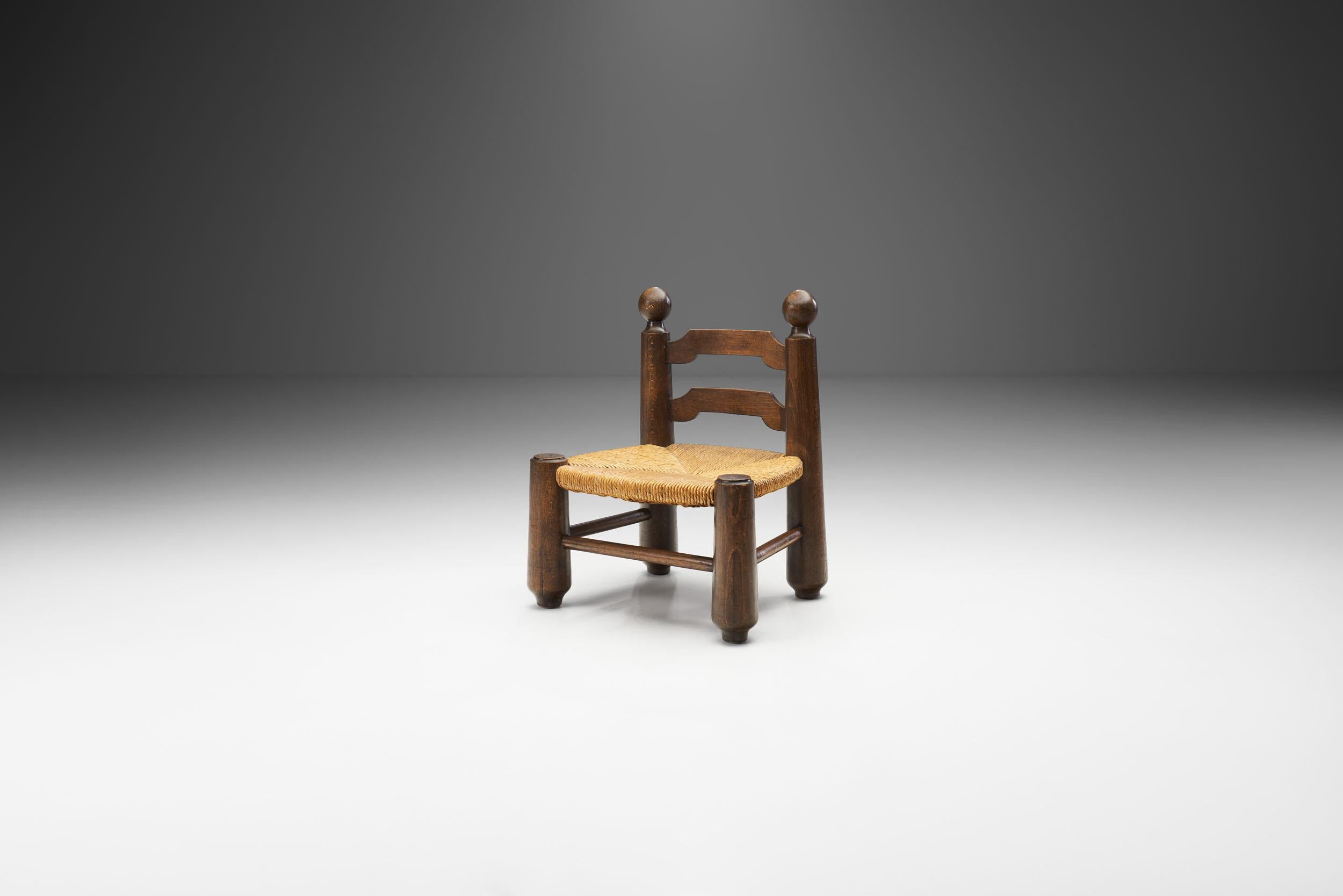 Wood and Wicker Turned Chairs with a Miniature by Charles Dudouyt, France 1940s 9