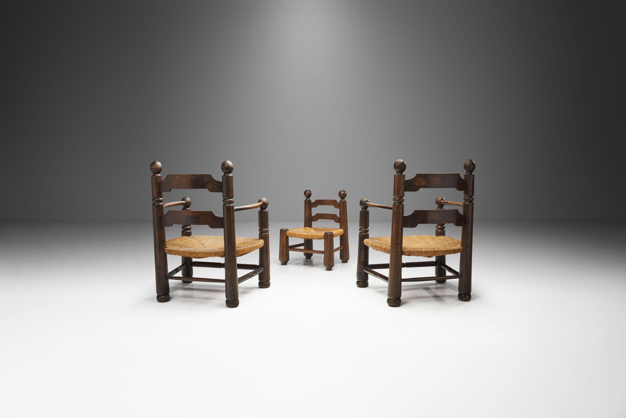 Mid-Century Modern Wood and Wicker Turned Chairs with a Miniature by Charles Dudouyt, France 1940s