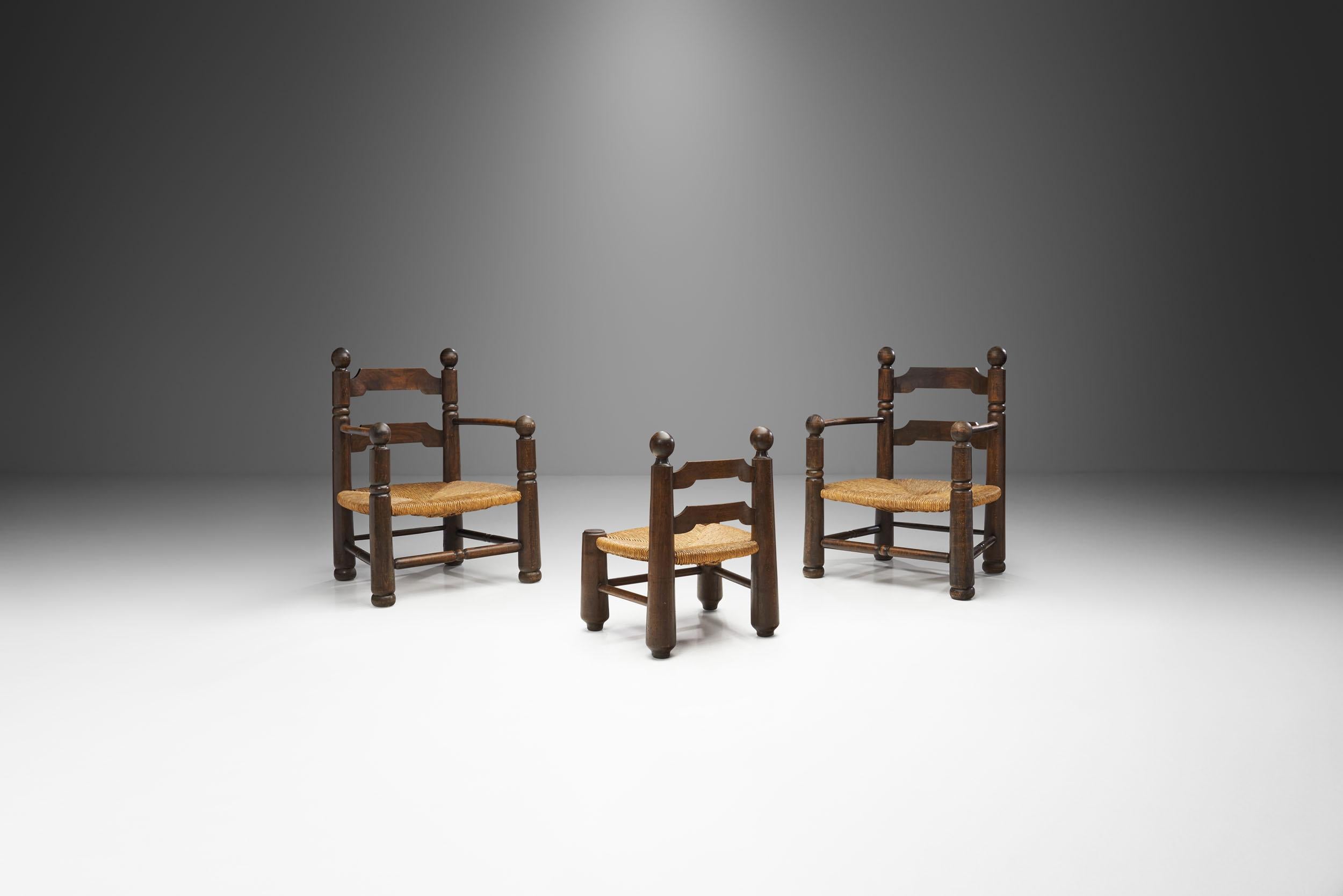 French Wood and Wicker Turned Chairs with a Miniature by Charles Dudouyt, France 1940s