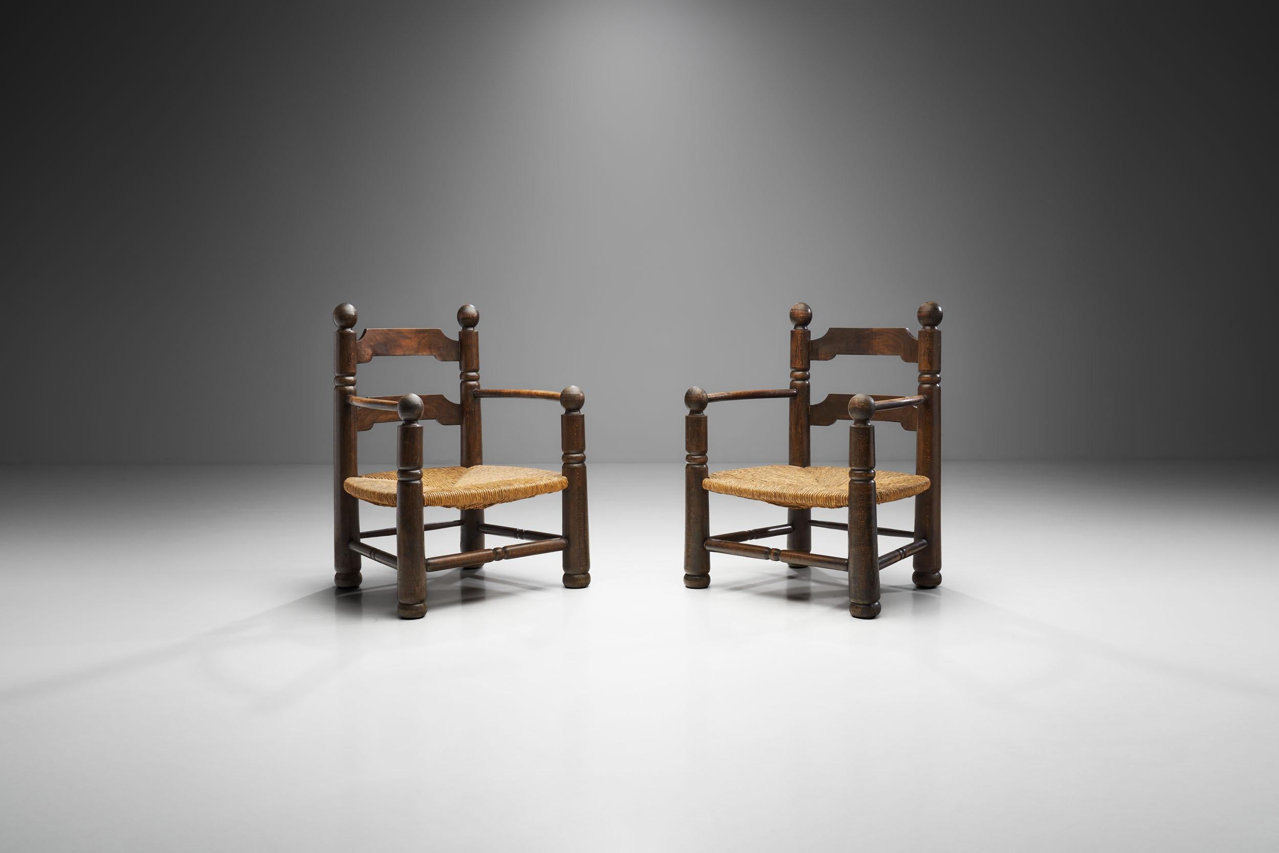 Wood and Wicker Turned Chairs with a Miniature by Charles Dudouyt, France 1940s In Good Condition In Utrecht, NL