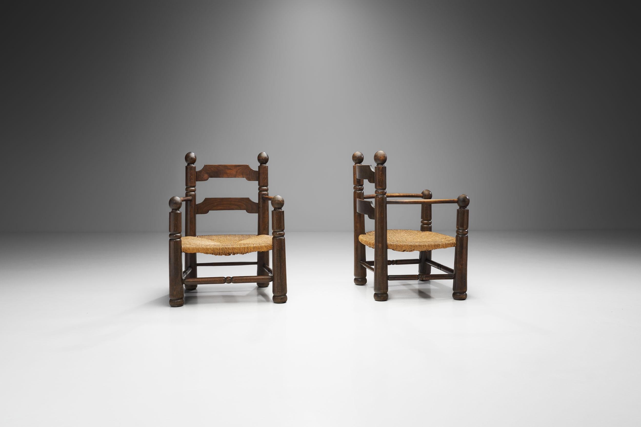 Mid-20th Century Wood and Wicker Turned Chairs with a Miniature by Charles Dudouyt, France 1940s