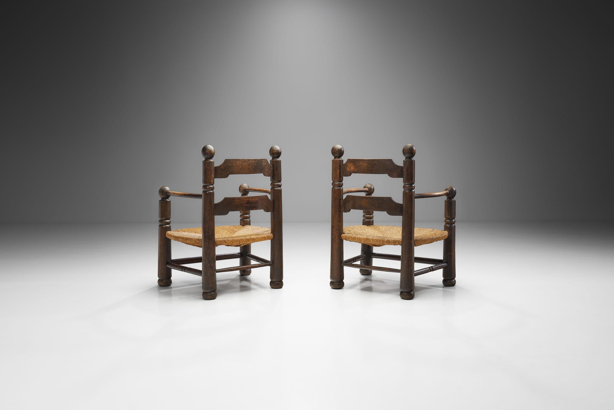 Wood and Wicker Turned Chairs with a Miniature by Charles Dudouyt, France 1940s 1