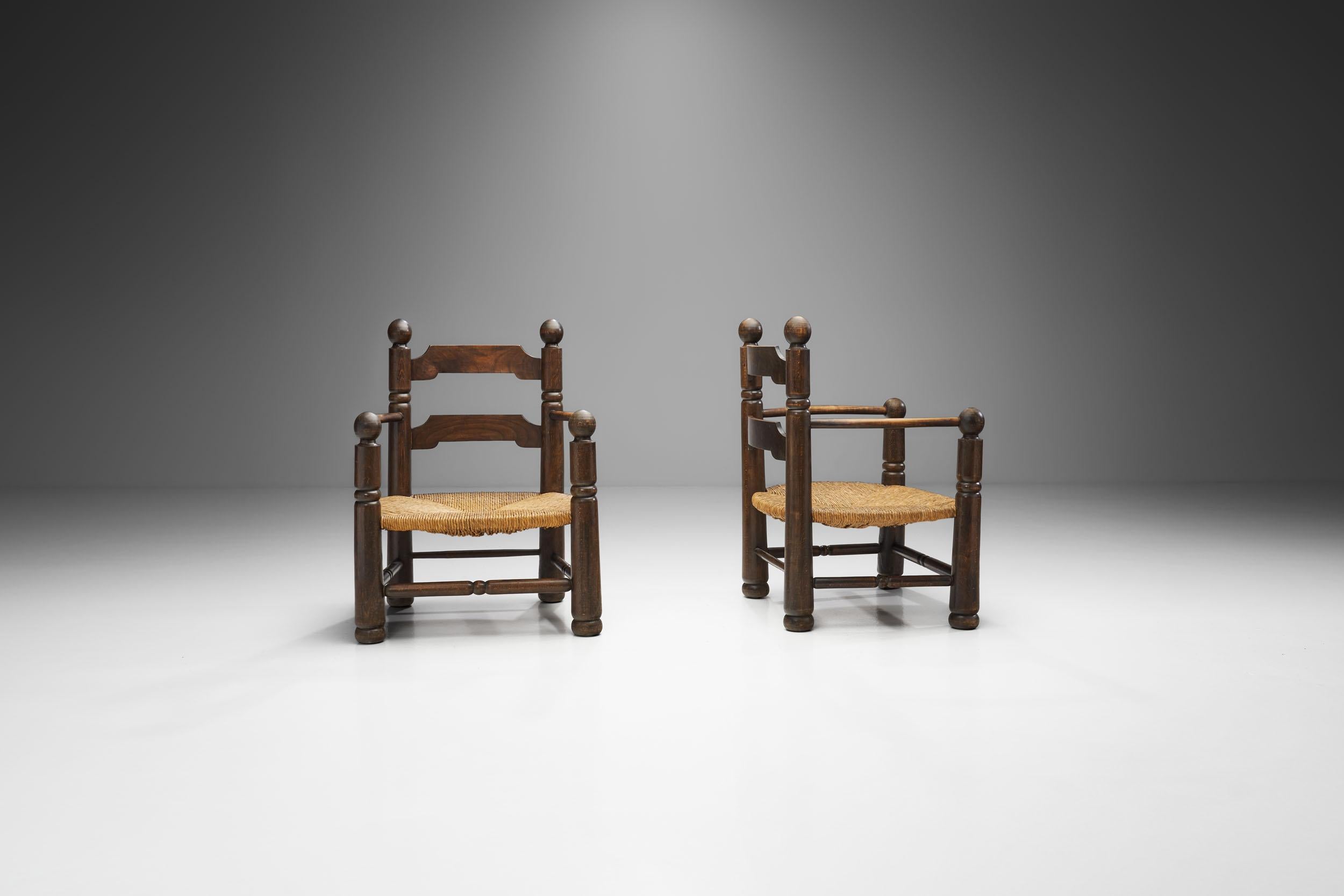 French Wood and Wicker Turned Chairs with Ornamentation by Charles Dudouyt, France 1940