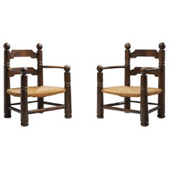 Chaises tournées en bois et osier avec ornementation de Charles Dudouyt, France, 1940