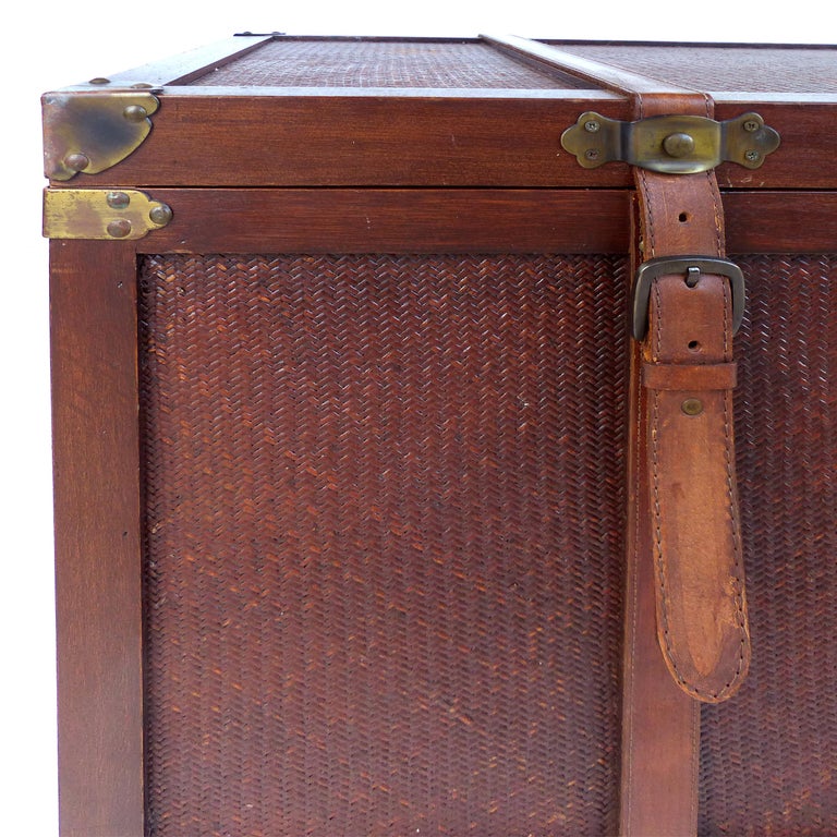 Wood and Woven Reed Blanket Chest with Brass Hardware and Leather