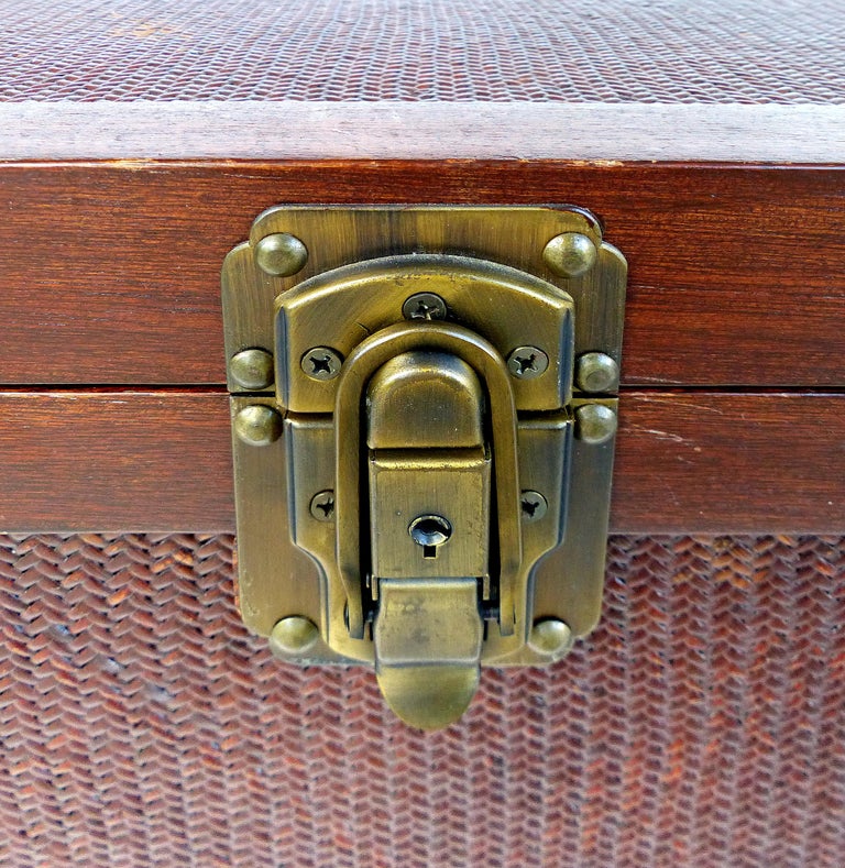 Wood and Woven Reed Blanket Chest with Brass Hardware and Leather
