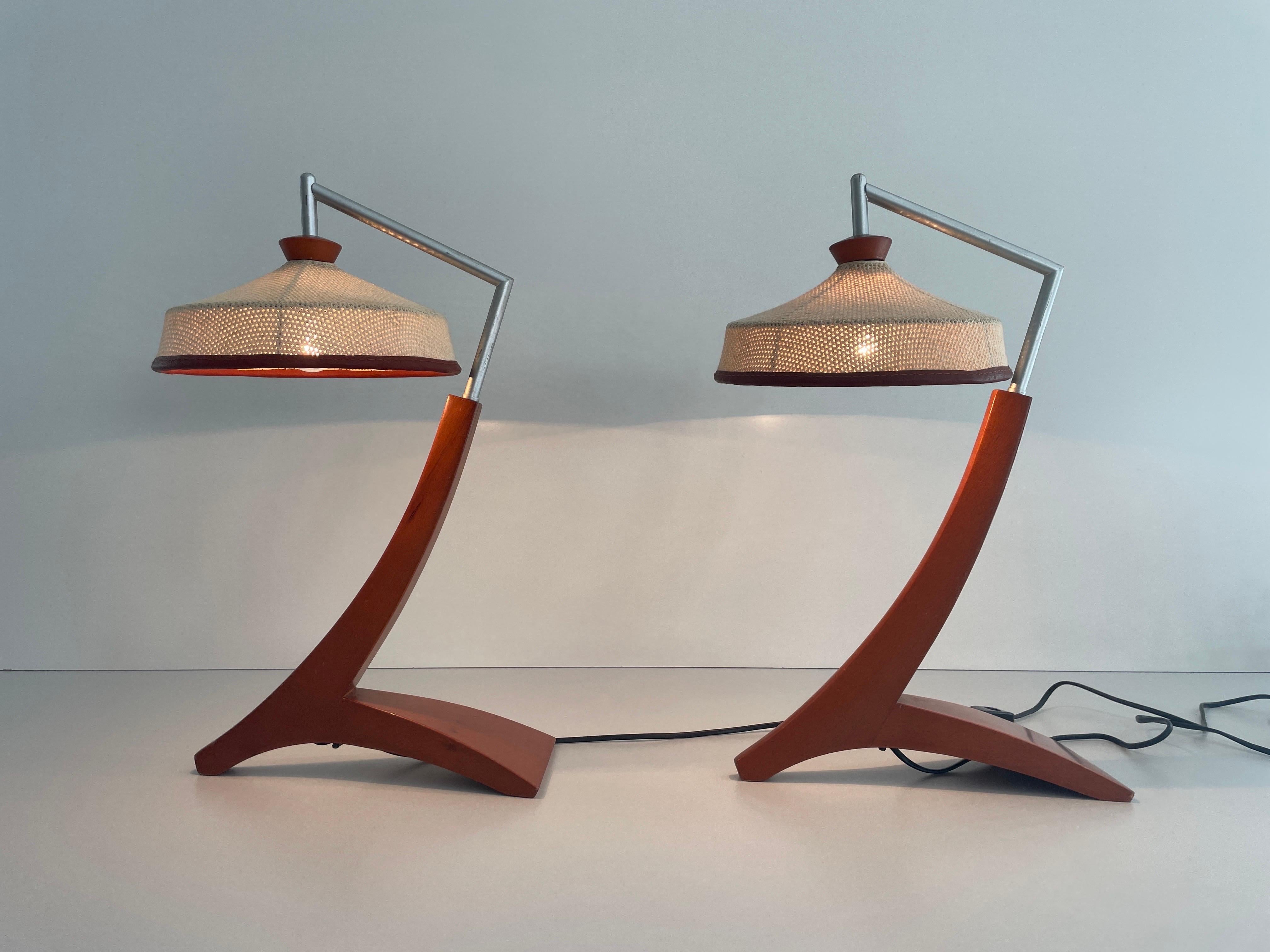  Wood and Woven Thread Shade Pair of Tall Table Lamps, 1960s, Italy 3