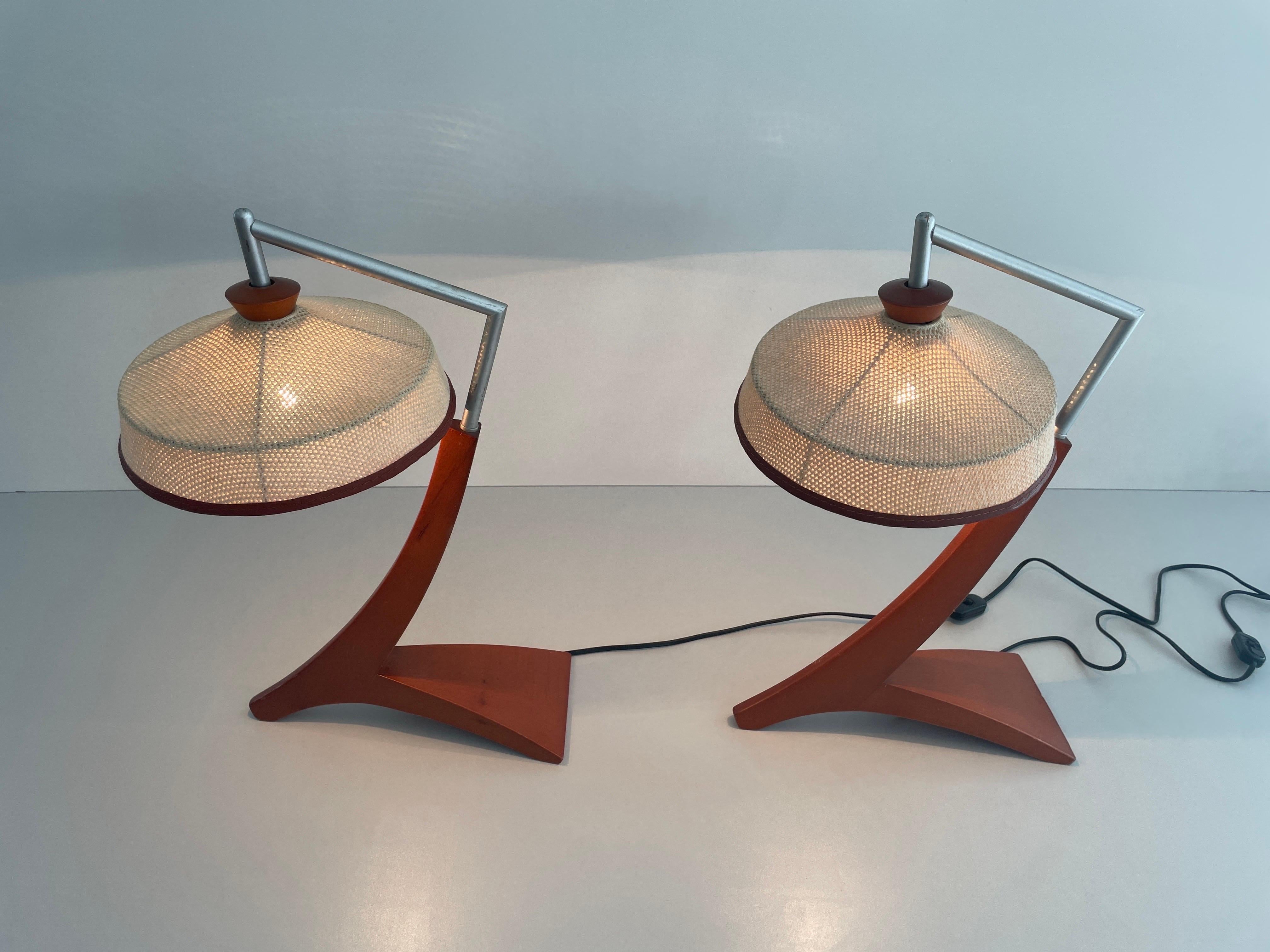  Wood and Woven Thread Shade Pair of Tall Table Lamps, 1960s, Italy 4