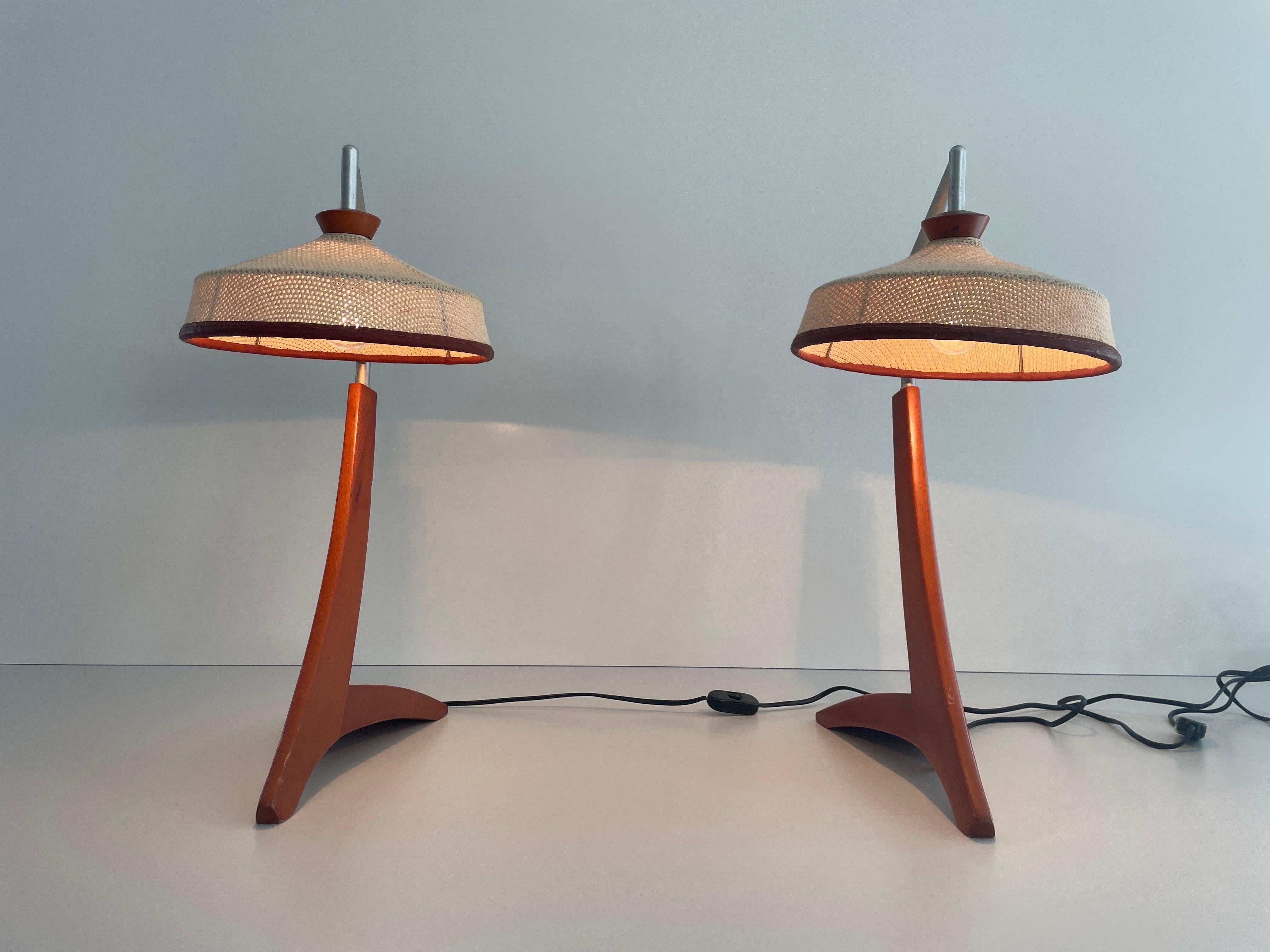  Wood and Woven Thread Shade Pair of Tall Table Lamps, 1960s, Italy 6