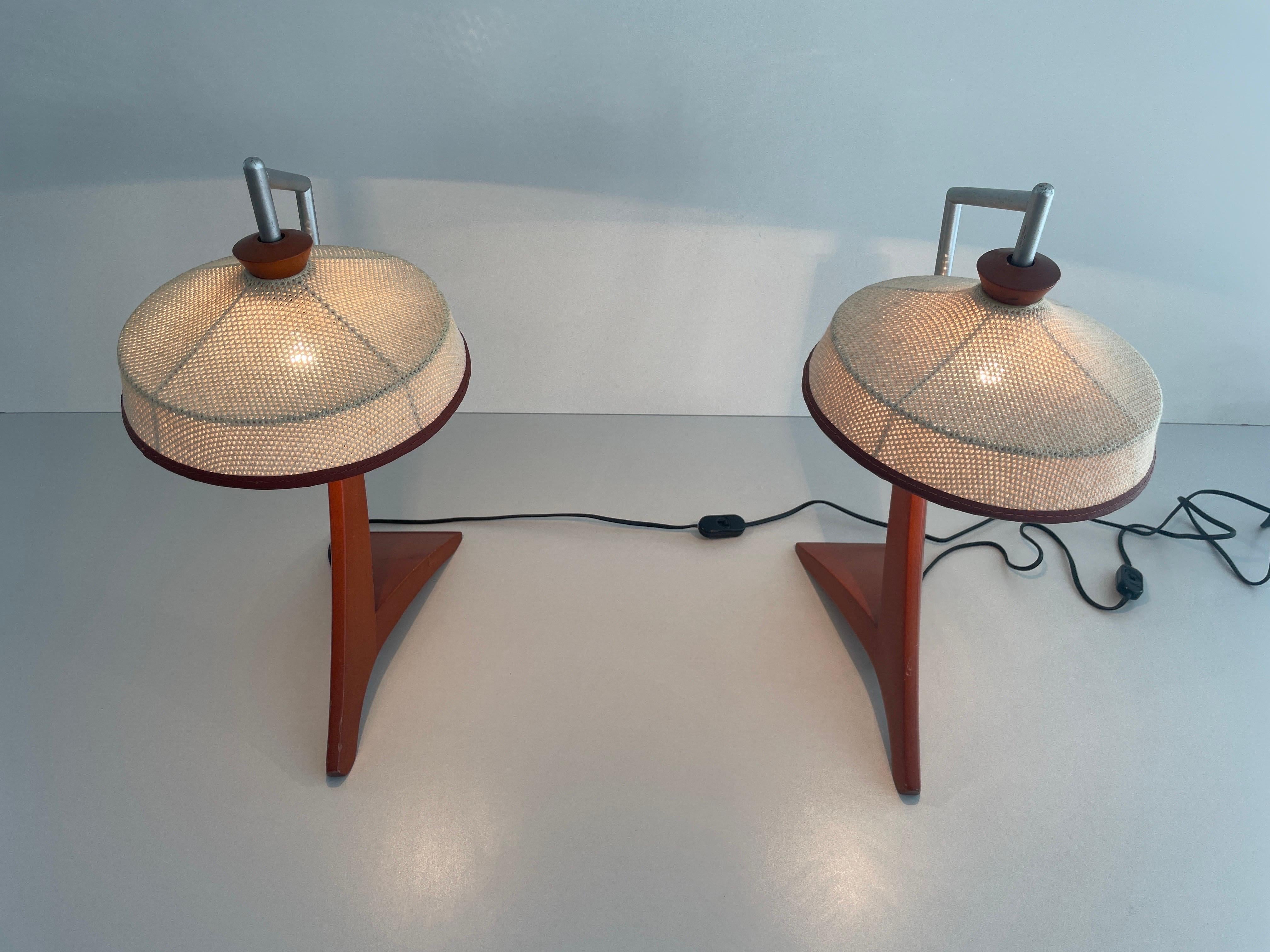  Wood and Woven Thread Shade Pair of Tall Table Lamps, 1960s, Italy 7