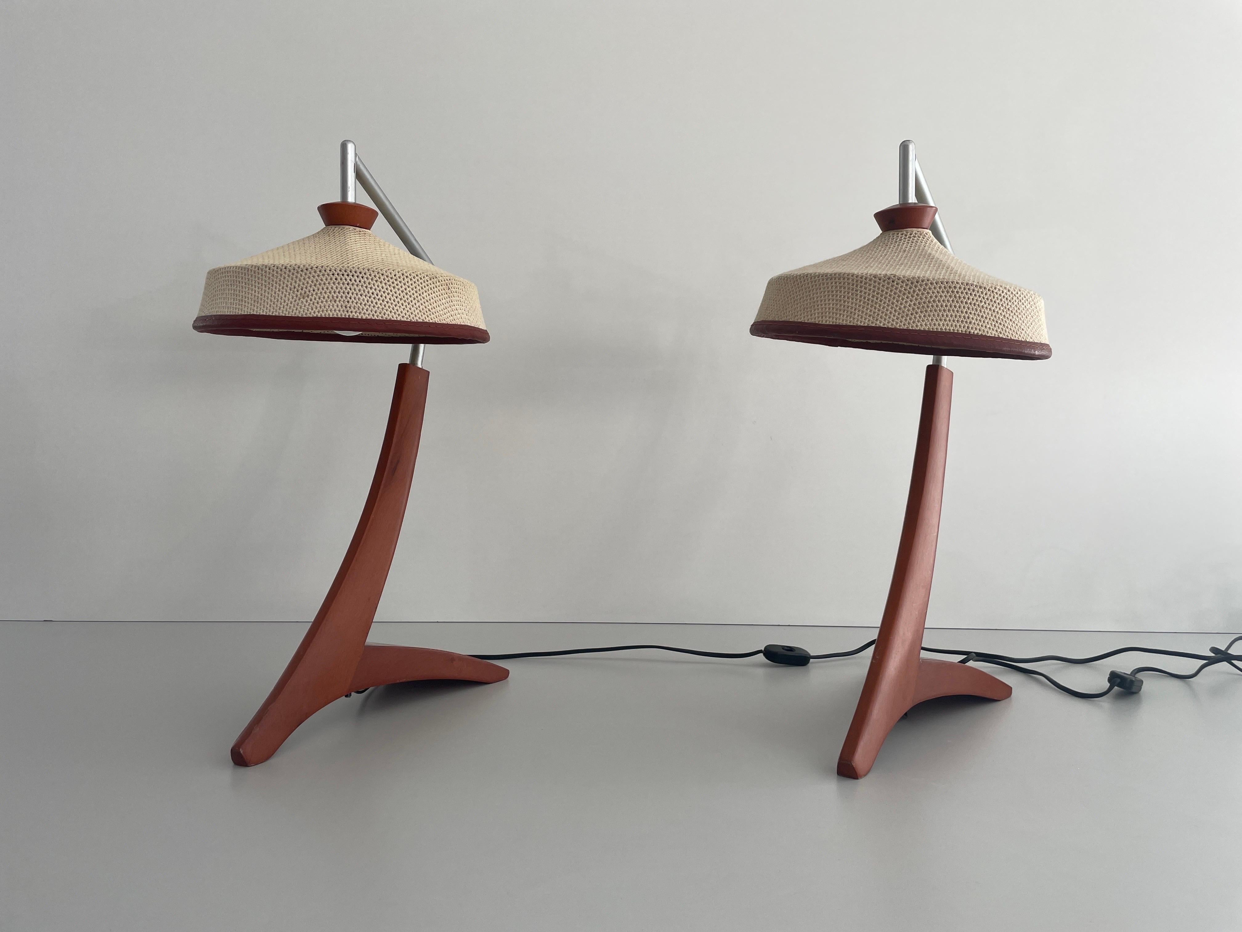  Wood and Woven Thread shade Pair of Tall Table Lamps, 1960s, Italy

Lampshade is in very good vintage condition.

It has European plug. It can be converted to other countries plugs with using converter. Also it can be rewired different type of