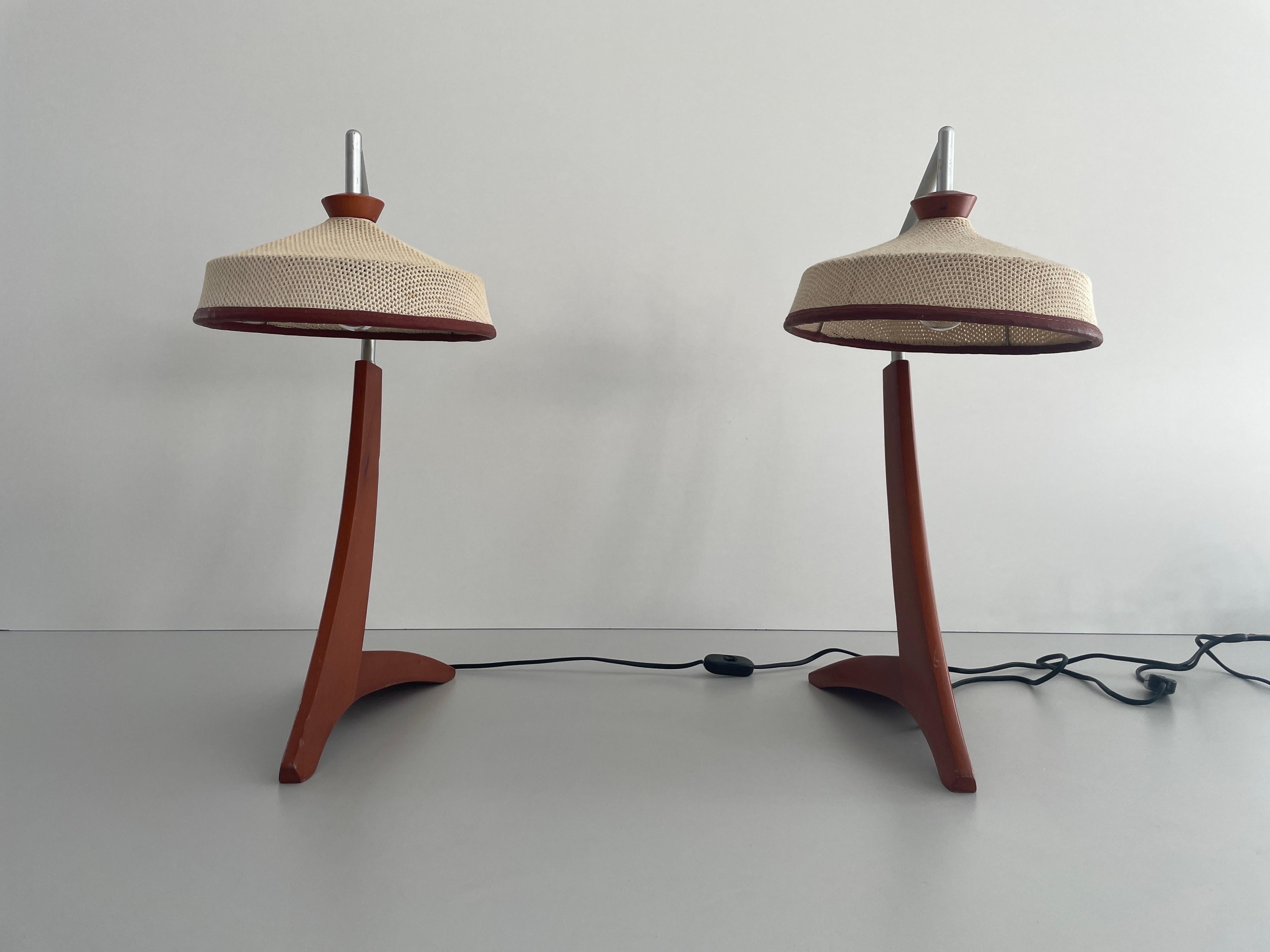 Mid-Century Modern  Wood and Woven Thread Shade Pair of Tall Table Lamps, 1960s, Italy