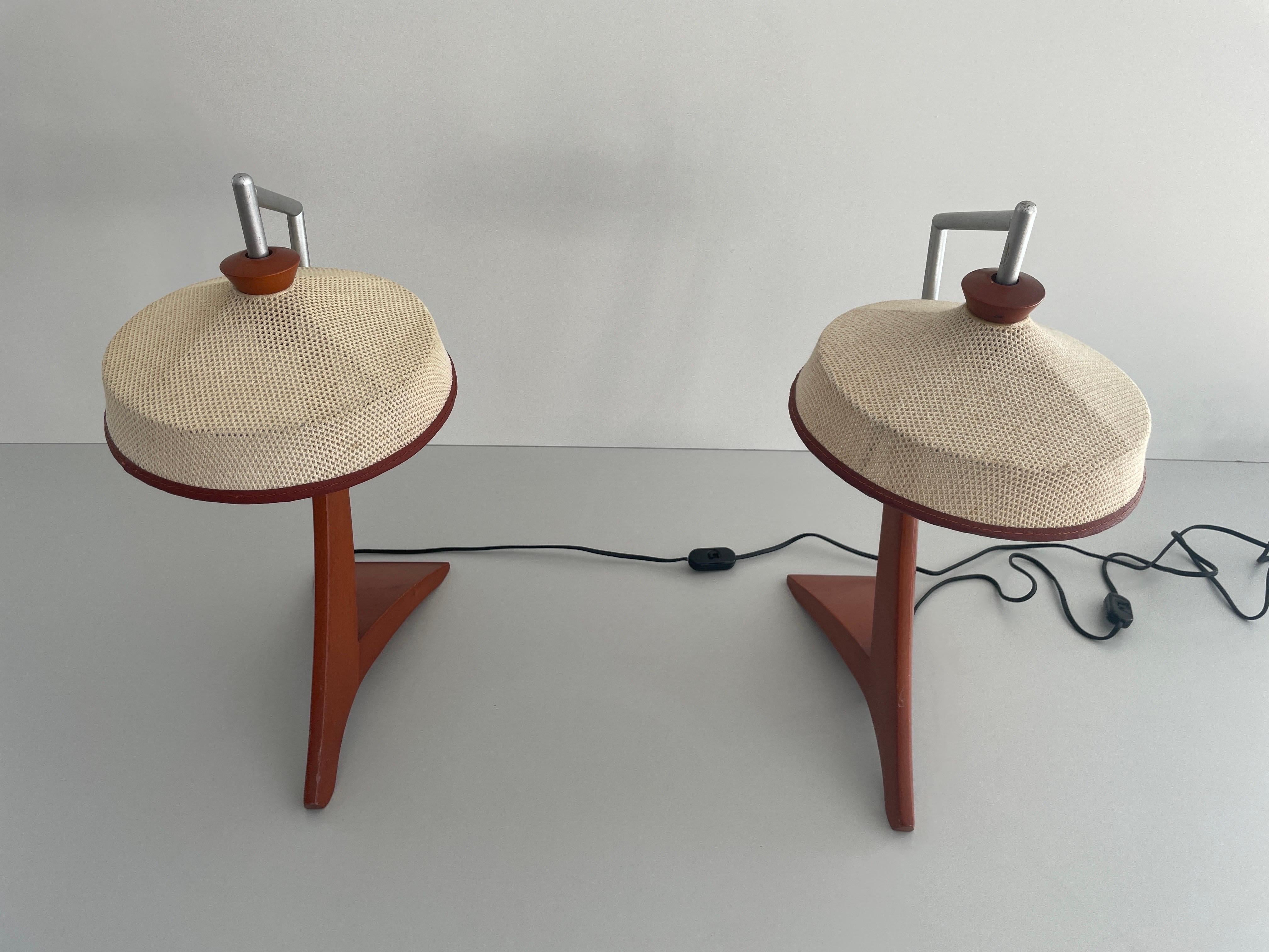 Italian  Wood and Woven Thread Shade Pair of Tall Table Lamps, 1960s, Italy