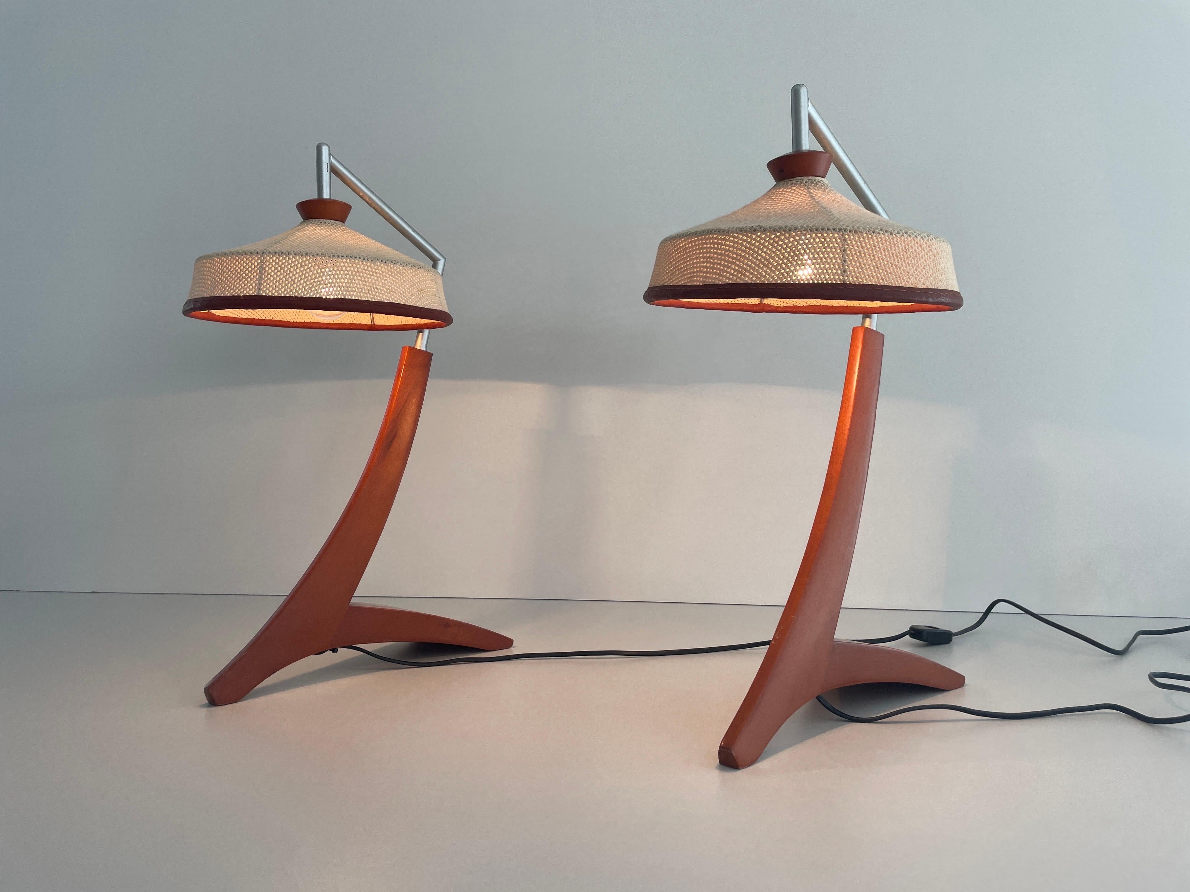  Wood and Woven Thread Shade Pair of Tall Table Lamps, 1960s, Italy 2