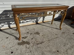 Wood and Wrought Iron Sofa Table With Glass Top