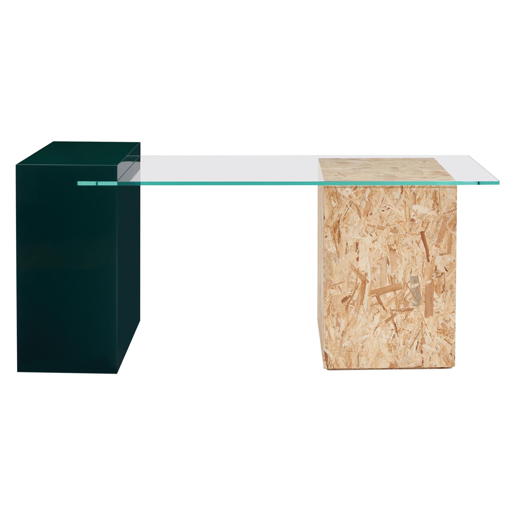 Wood Apart Desk in lacquered wood, OSB wood and tempered glass For Sale