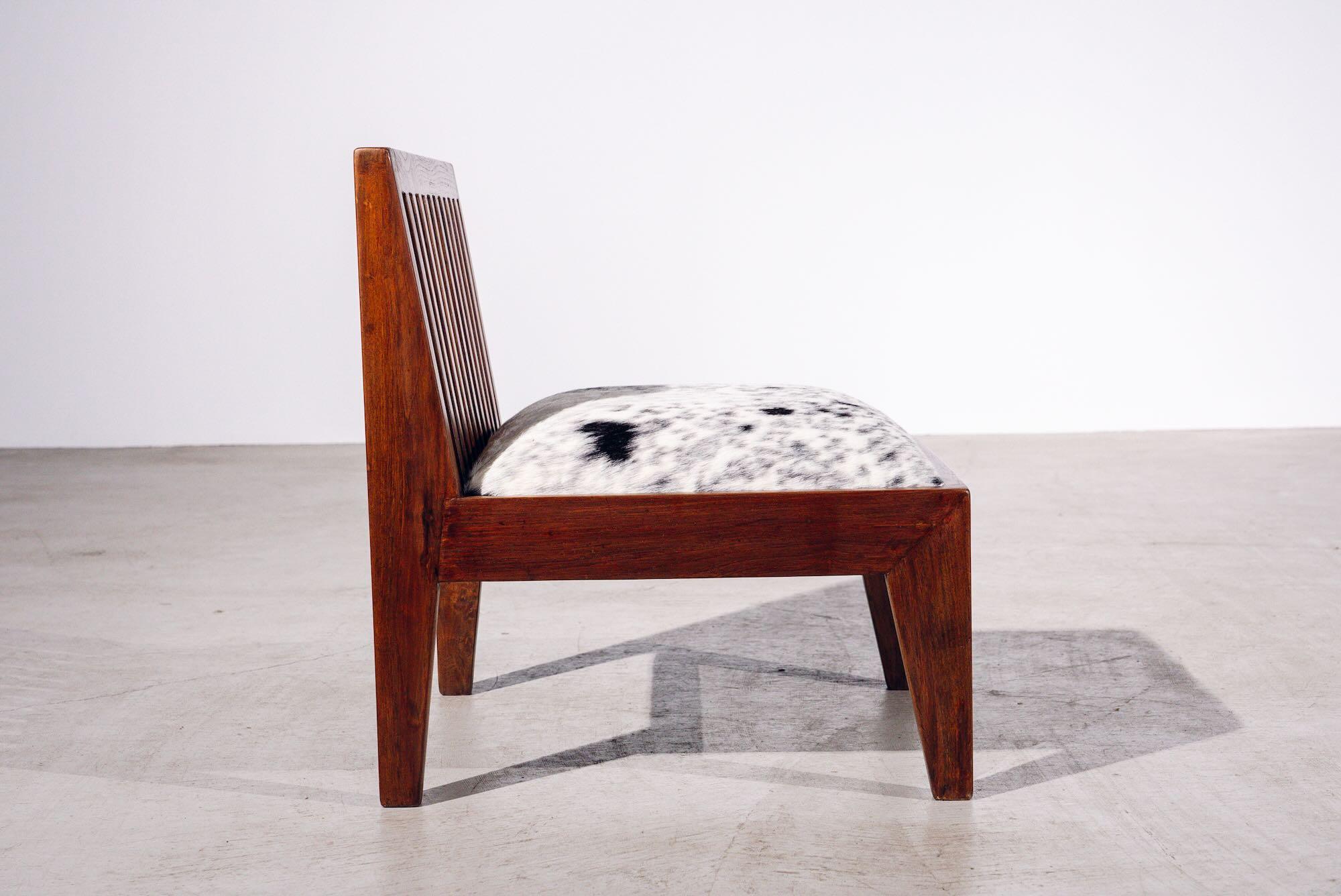 Leather Wood Back Low Chair by Pierre Jeanneret for Chandigarh, India, Circa 1965-66 For Sale