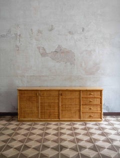 Aparador de madera, bambú y ratán - Años 70