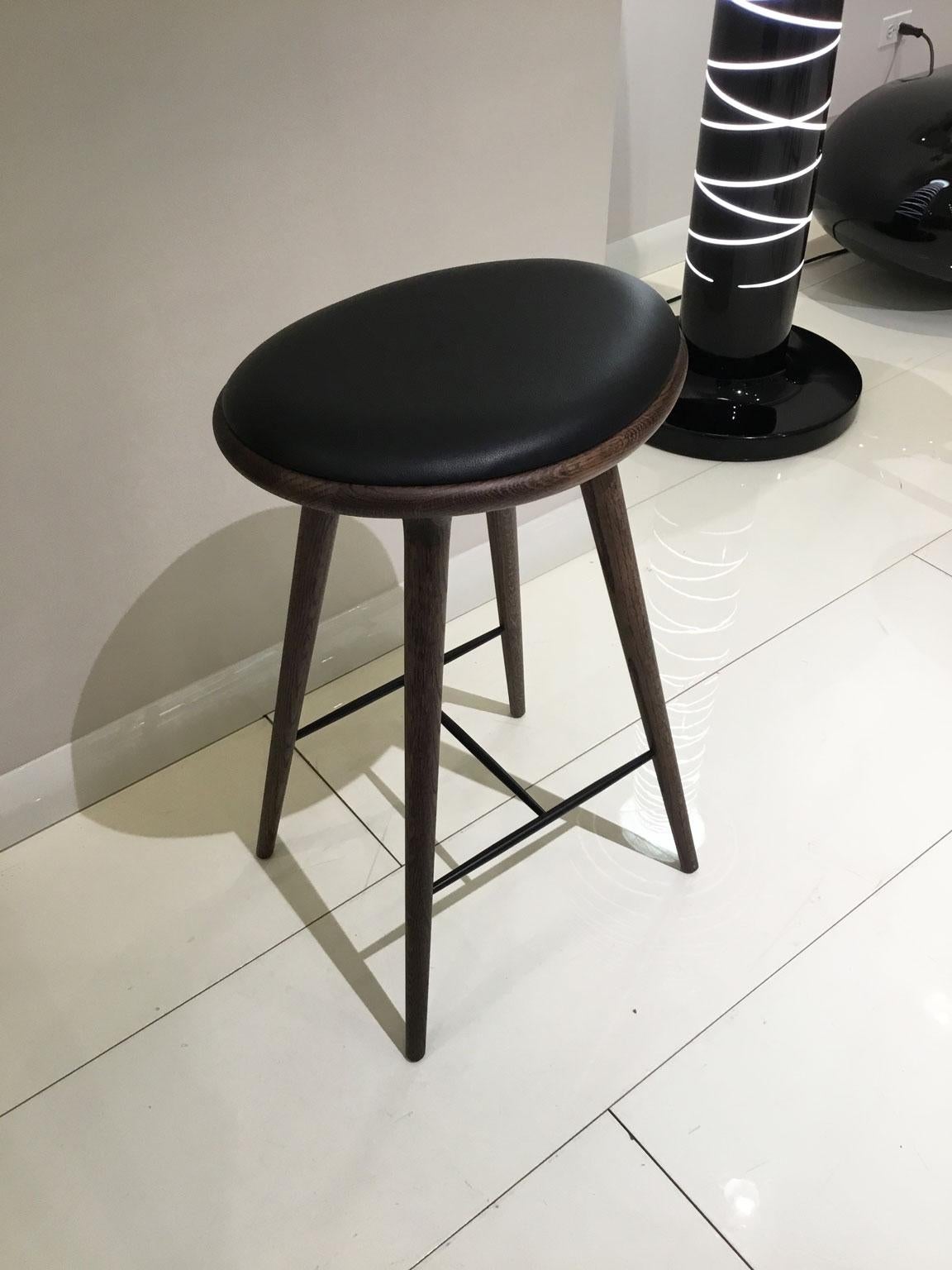 Modern Wood Bar Stool in Dark Stained Oak with Black Leather Seat