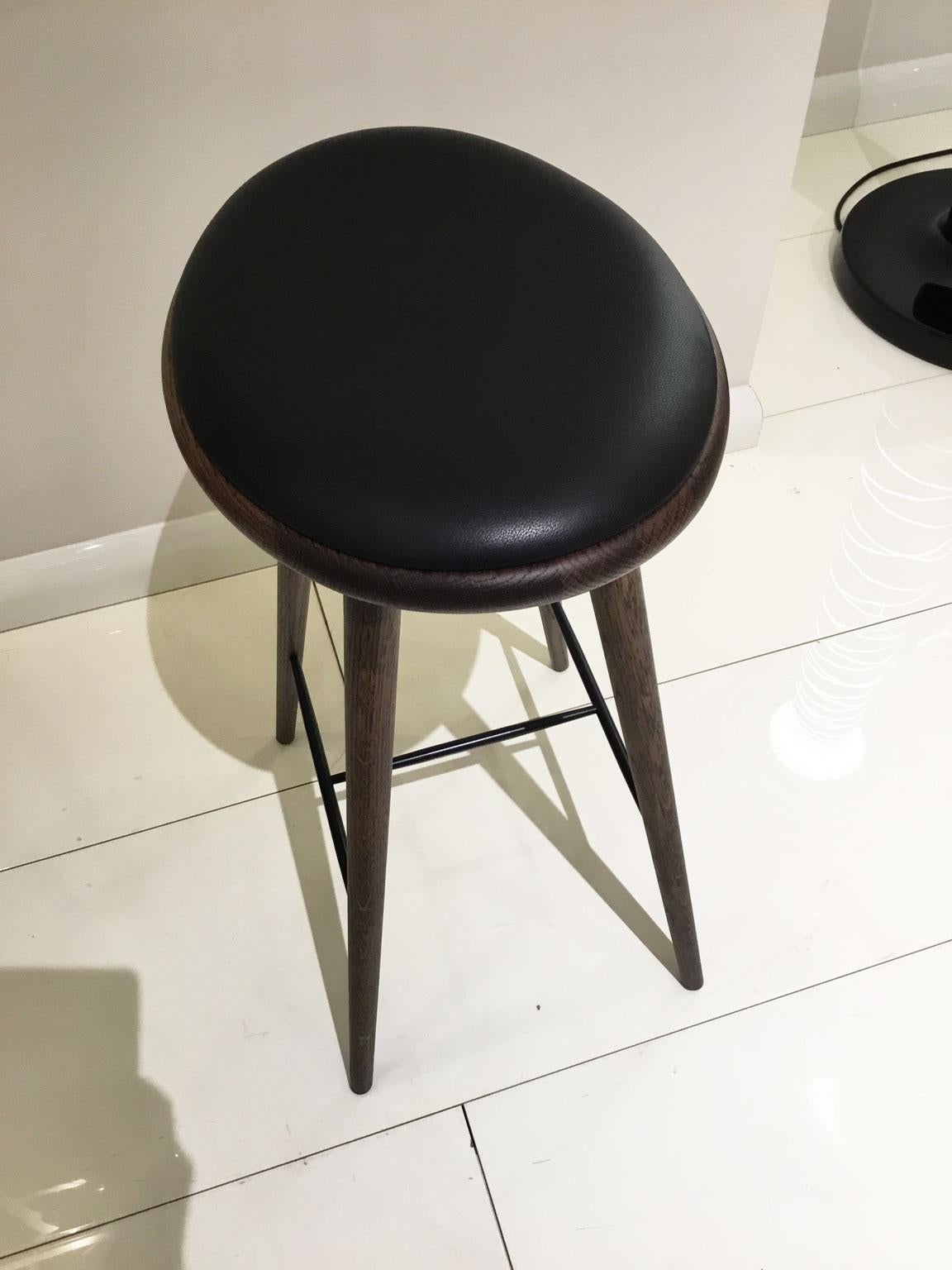 European Wood Bar Stool in Dark Stained Oak with Black Leather Seat