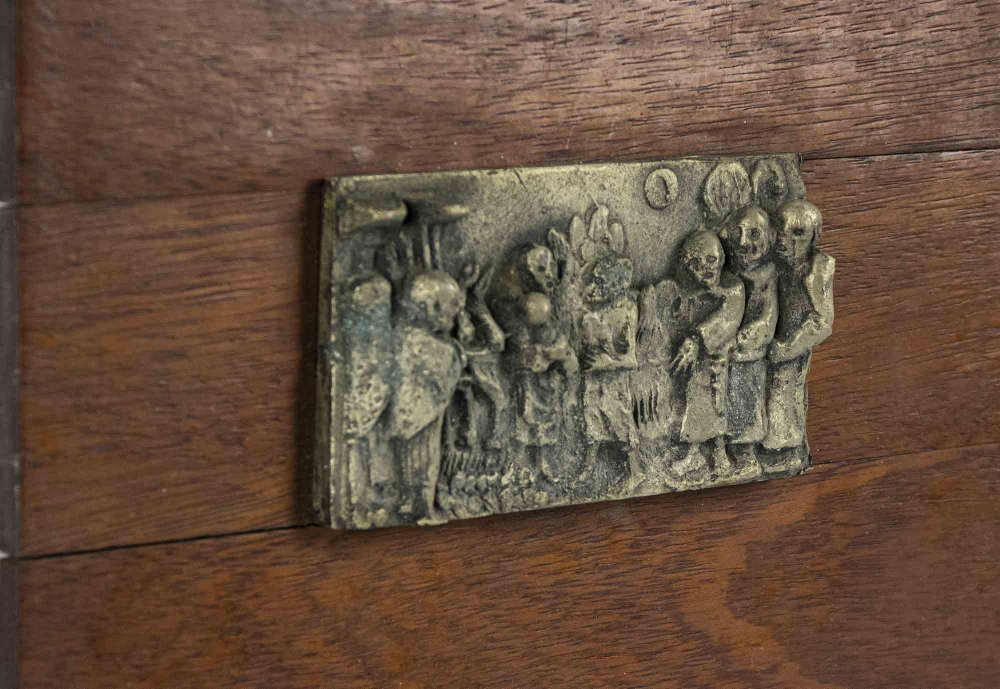 Italian Wood Base with Brass Relief, Early 20th Century For Sale