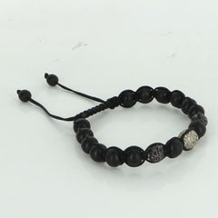 Wood Bead 1.60ct Black Diamond Ball Bracelet Silk Cord Estate Jewelry Pre Owned